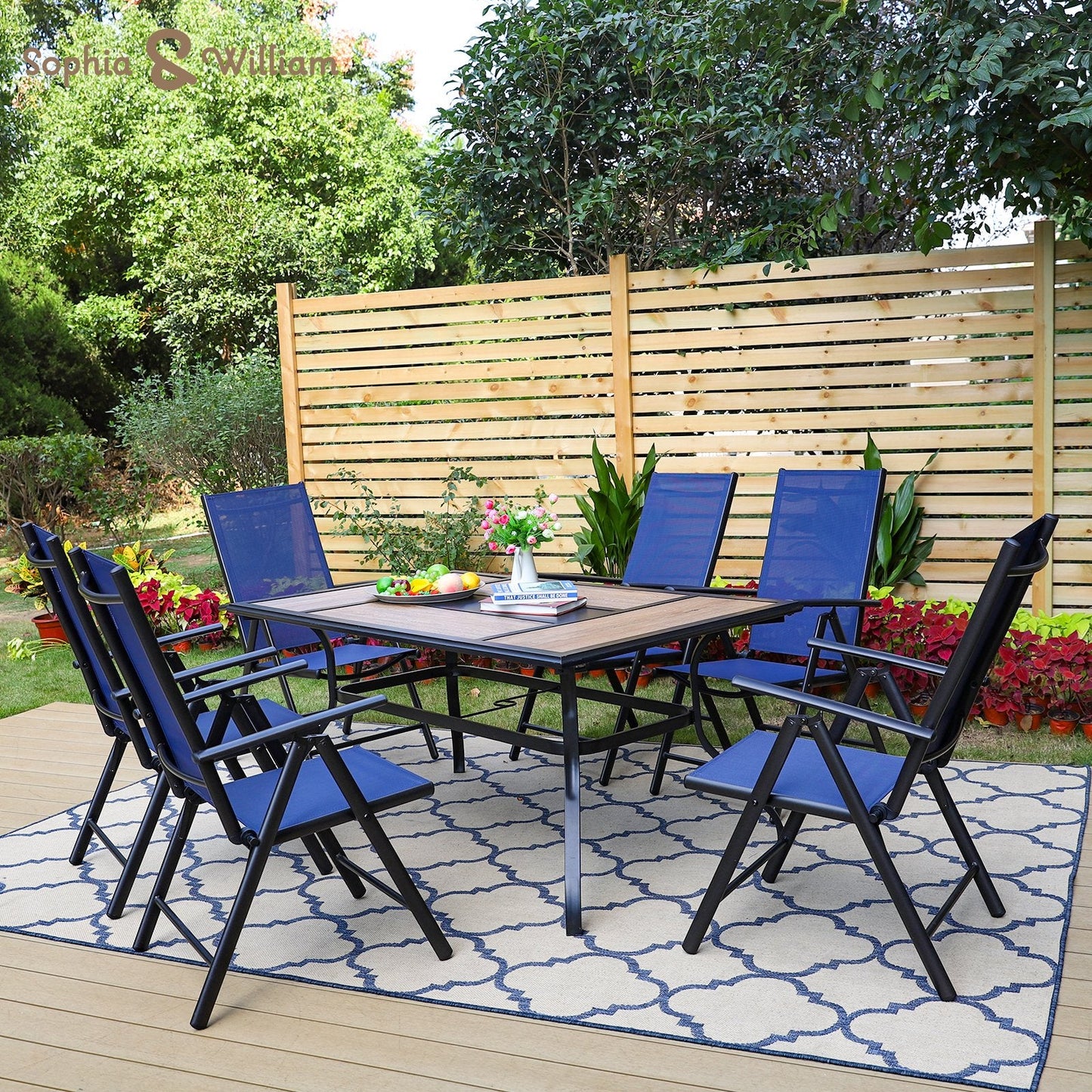 Sophia&William 7Pcs Patio Dining Set Metal Table and Chairs Set for 6 People - Blue