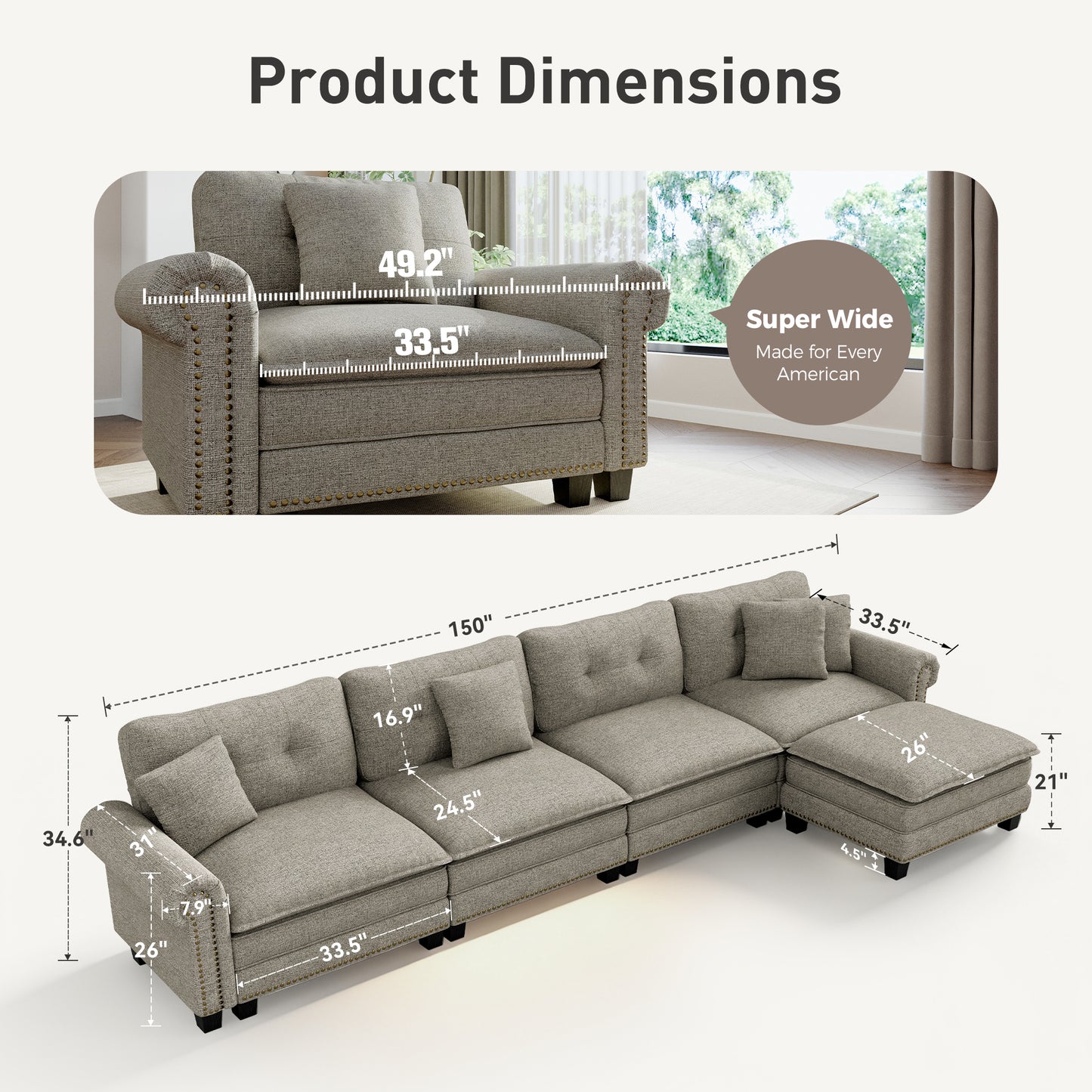 Sophia&William Sectional Sofa Couch Set, L-shaped Linen Cloud Couch 5-Seat Nailhead Trim Modular Sofa with 4 Pillows for Living Room, Gray