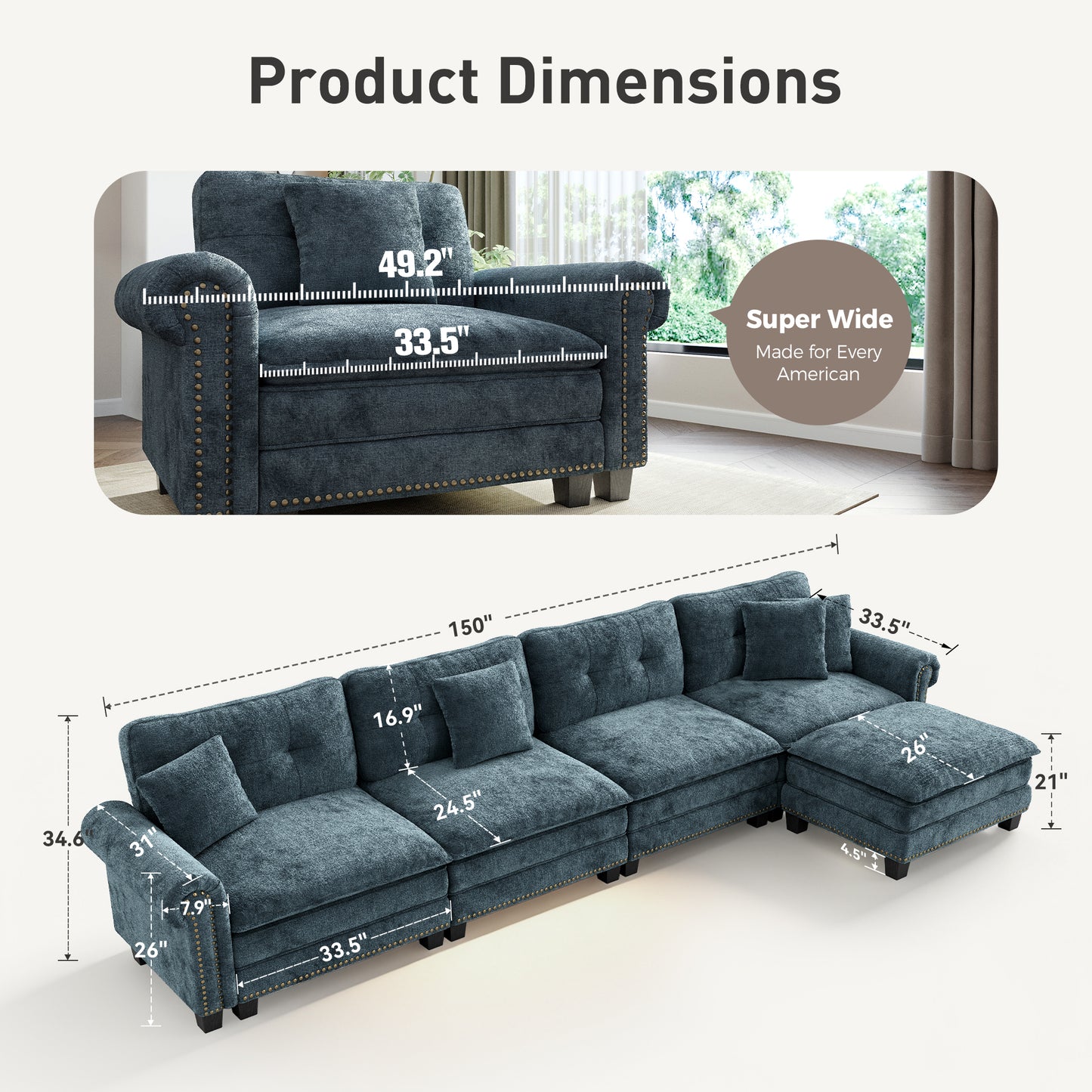 Sophia&William Sectional Sofa Set, Modern Chenille Cloud Couch 5-Seat Nailhead Trim Modular Sofa with 4 Pillows for Living Room, Blue