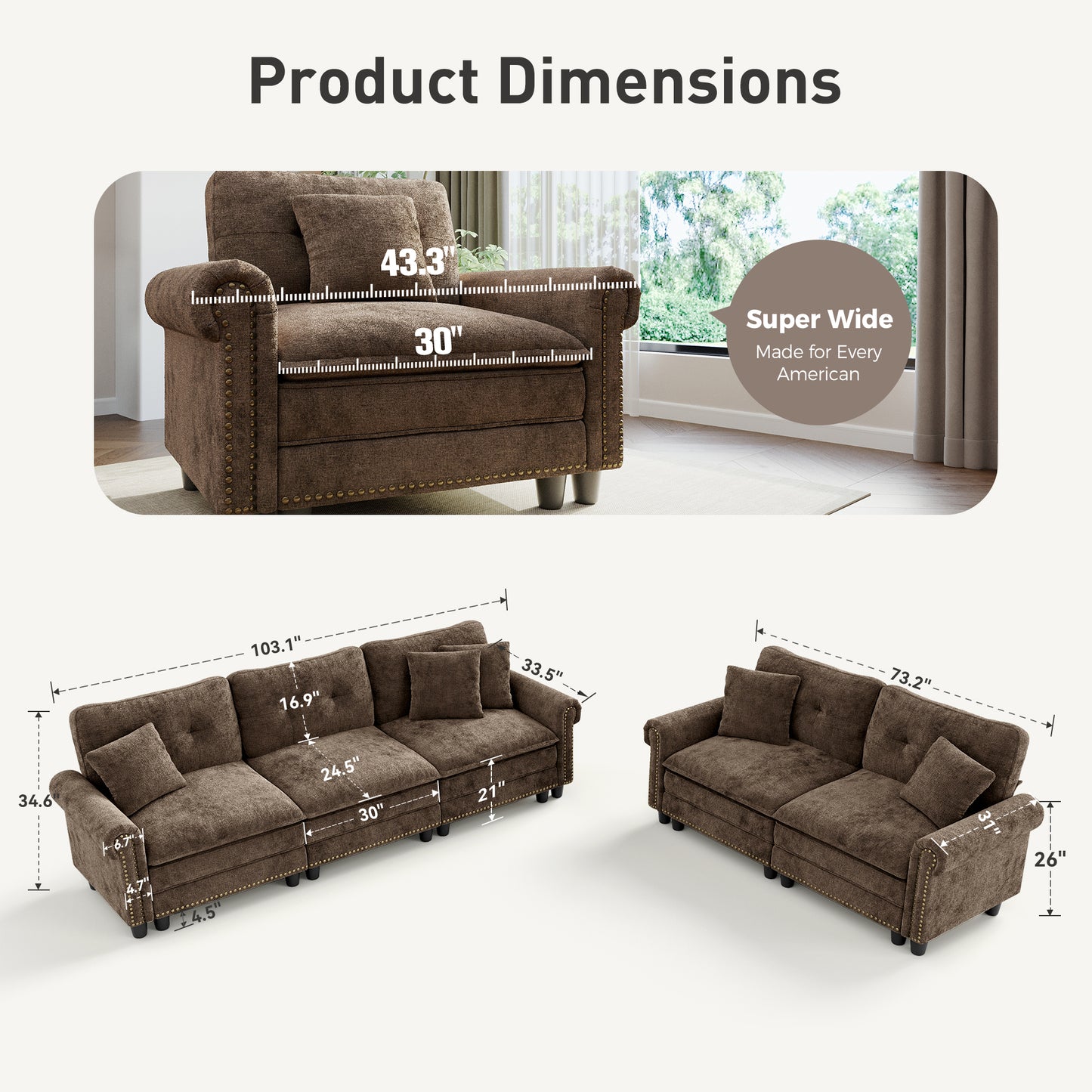 Sophia&William Modular Sectional Sofa Set, Mid-Century Chenille Cloud Couch 5-Seat Nailhead Trim with 5 Pillows for Living Room, Taupe