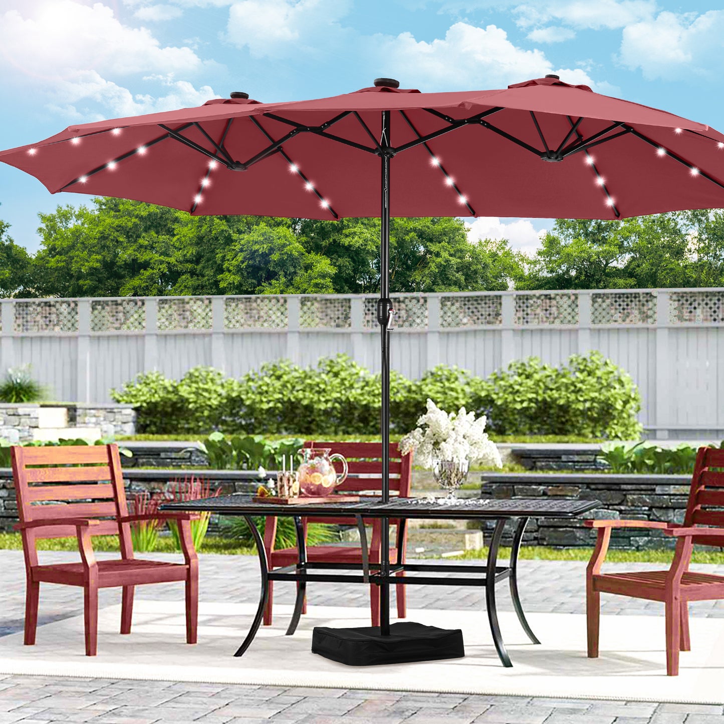 Alpha Joy 15ft Extra Large Outdoor Patio Double-Sided Umbrella with Solar Lights & Umbrella Base, Burgundy