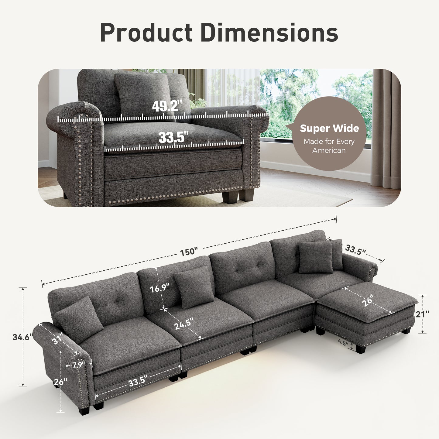 Sophia&William Modular Sectional Sofa Set, L-shaped Linen Cloud Couch 5-Seat Nailhead Trim Cloud Sofa Set with 4 Pillows for Living Room, Dark Gray