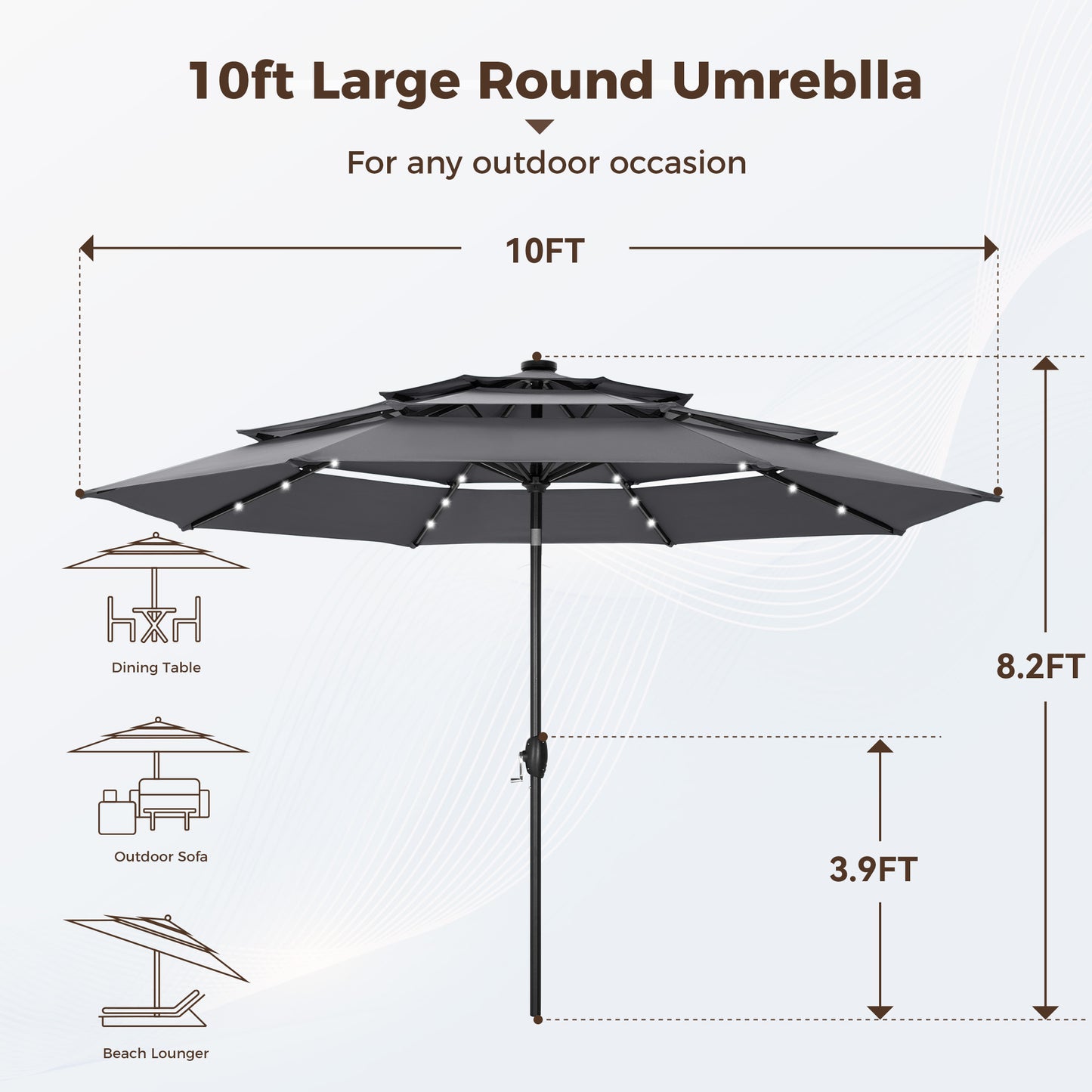 Alpha Joy 10ft 3 Tier Auto-tilt Outdoor Patio Umbrella Beach Garden Double Vented Table Umbrella with Solar Lights, Smoky Gray