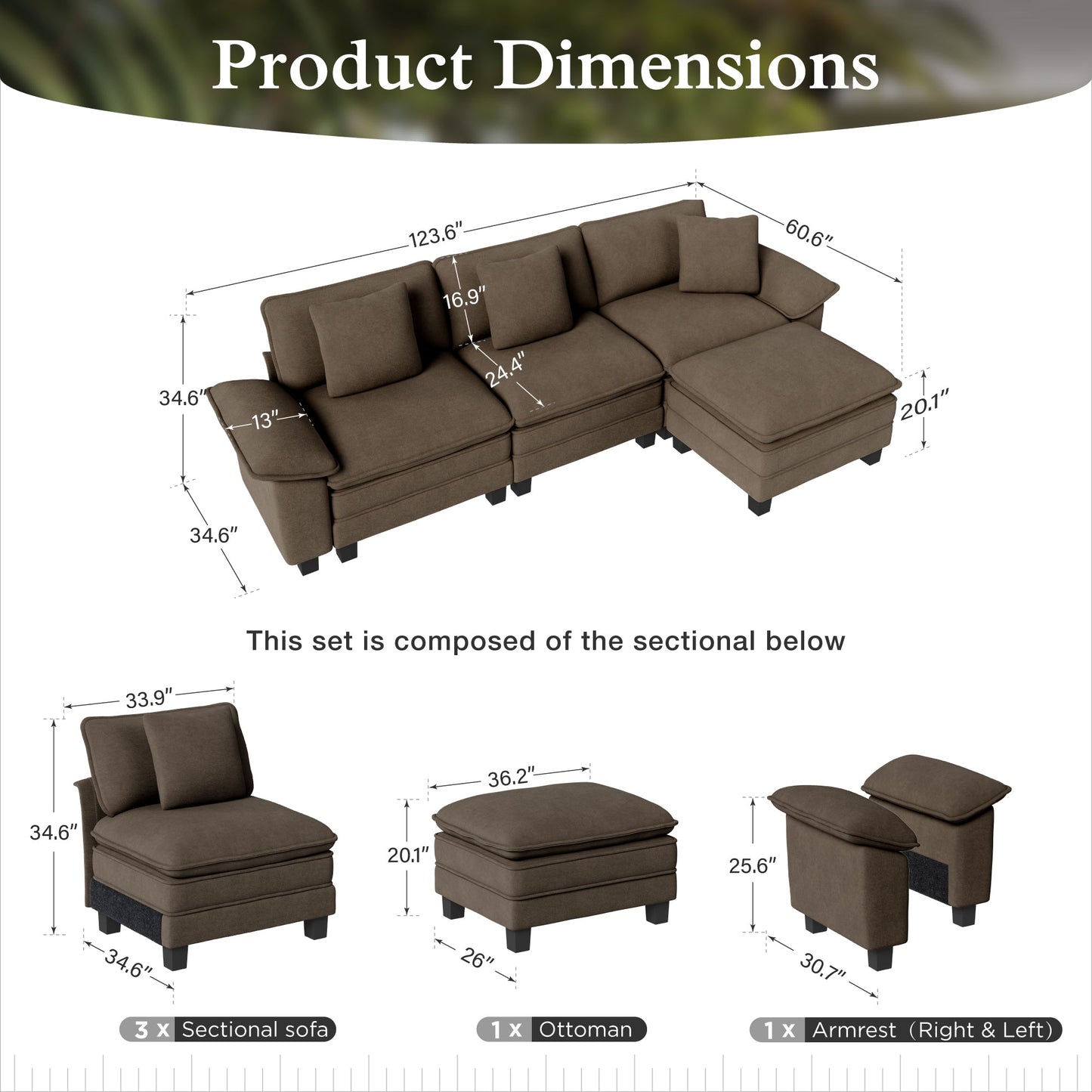 Sophia&William 123.6"L Convertible Sectional Sofa Couch, Modern Chenille Couch 3-Seat Modular Sectional Sofa for Living Room,Brown