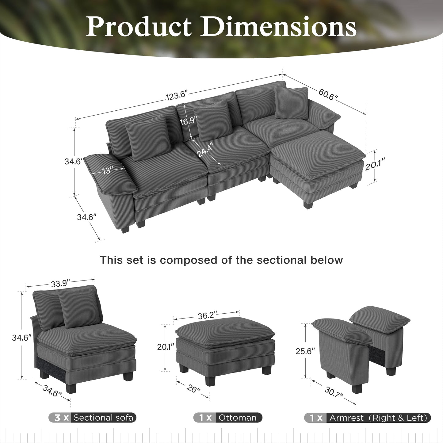 Sophia&William 123.6"L Convertible Sectional Sofa Couch, Modern Corduroy Couch 4-Seat Modular Sectional Sofa for Living Room,Gray