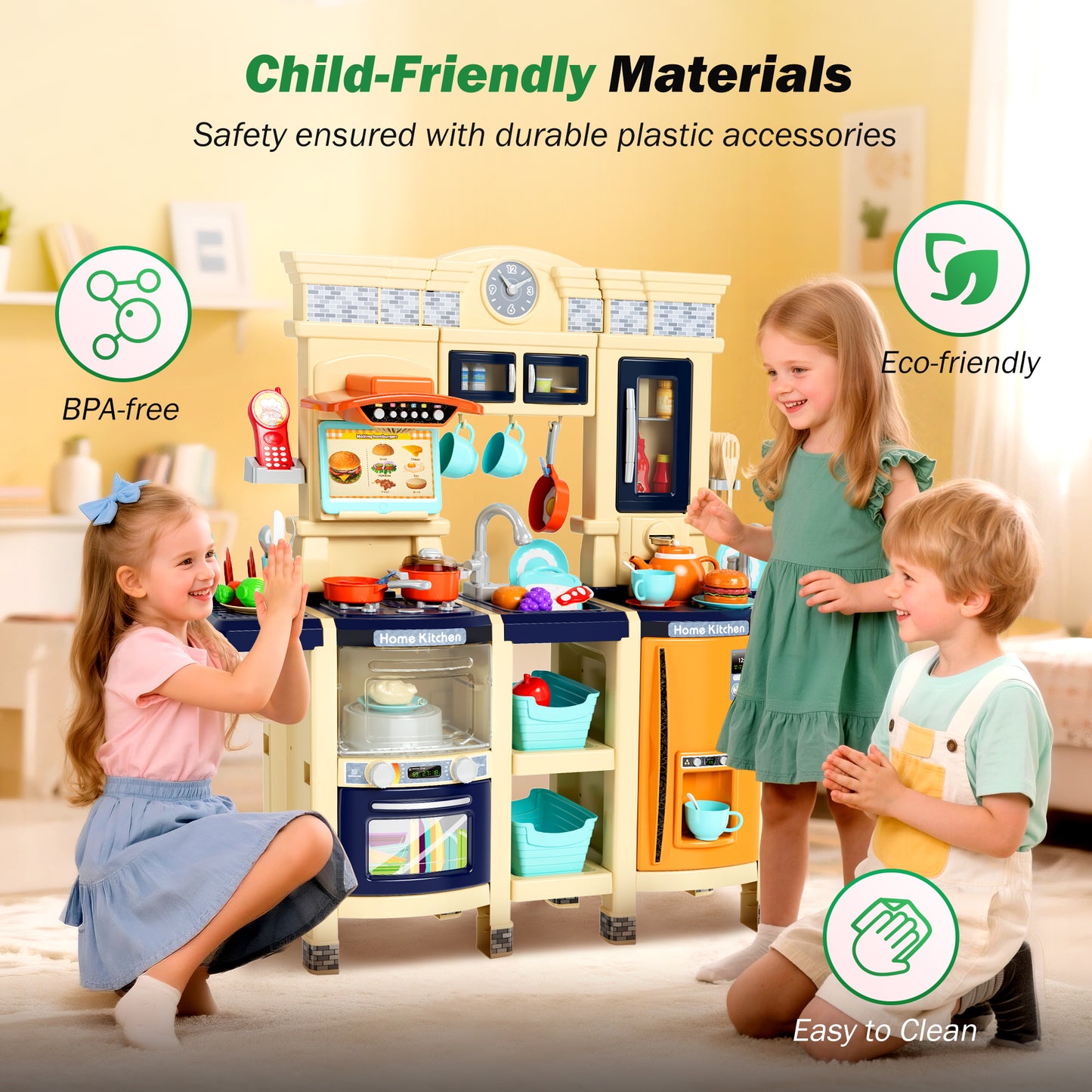 Sophia & William 87Pcs Pretend Play Kitchen 38.59Inch Toy Sets for Kids w/Realistic Sounds & Lights, Microwave Oven, Range Hood, Faucet, Cooking Stove, Sink, Navy Blue