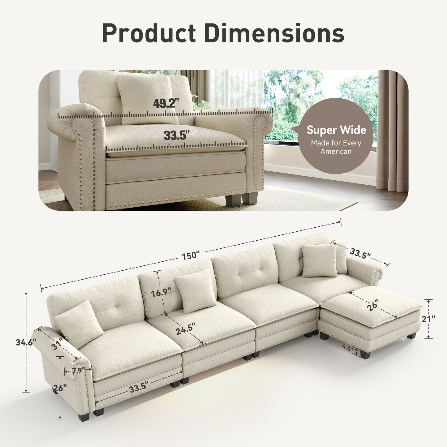 Sophia&William Sectional Sofa Set, L-shaped Chenille Cloud Couch 5-Seat Nailhead Trim Modular Sofa with 4 Pillows for Living Room, White