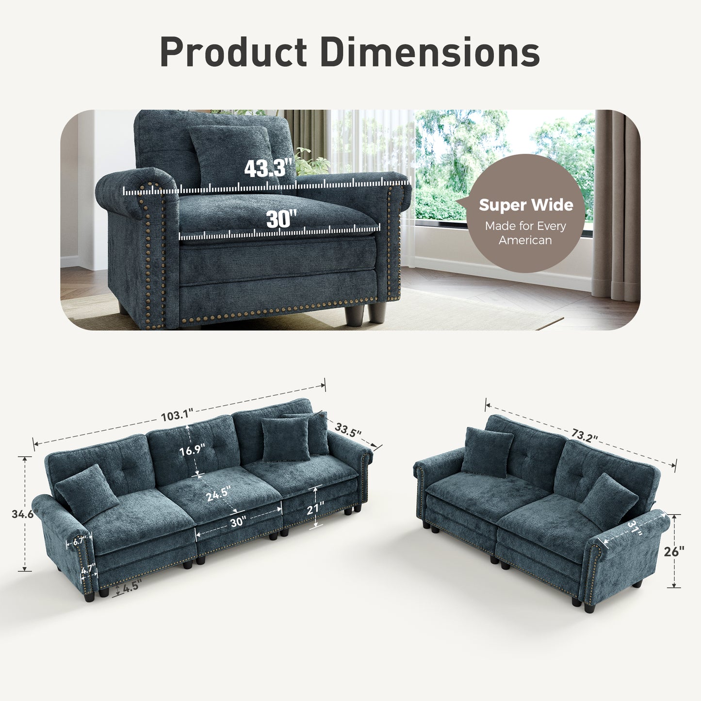 Sophia&William Modular Sectional Sofa Set, Mid-Century Chenille Cloud Couch 5-Seat Nailhead Trim with 5 Pillows for Living Room, Cyan