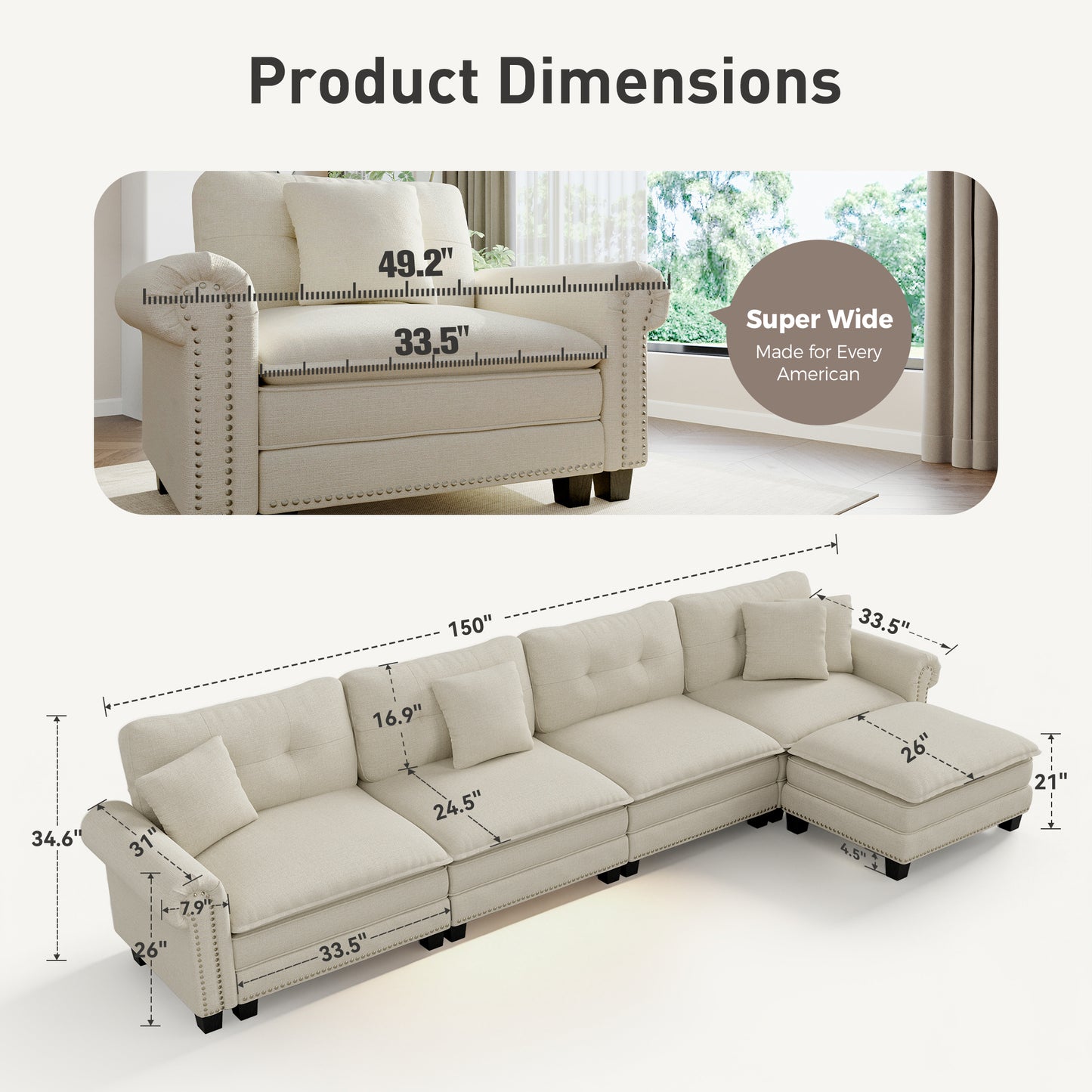 Sophia&William Modular Sectional Sofa Set, L-shaped Linen Cloud Couch 5-Seat Nailhead Trim Cloud Sofa Set with 4 Pillows for Living Room, White