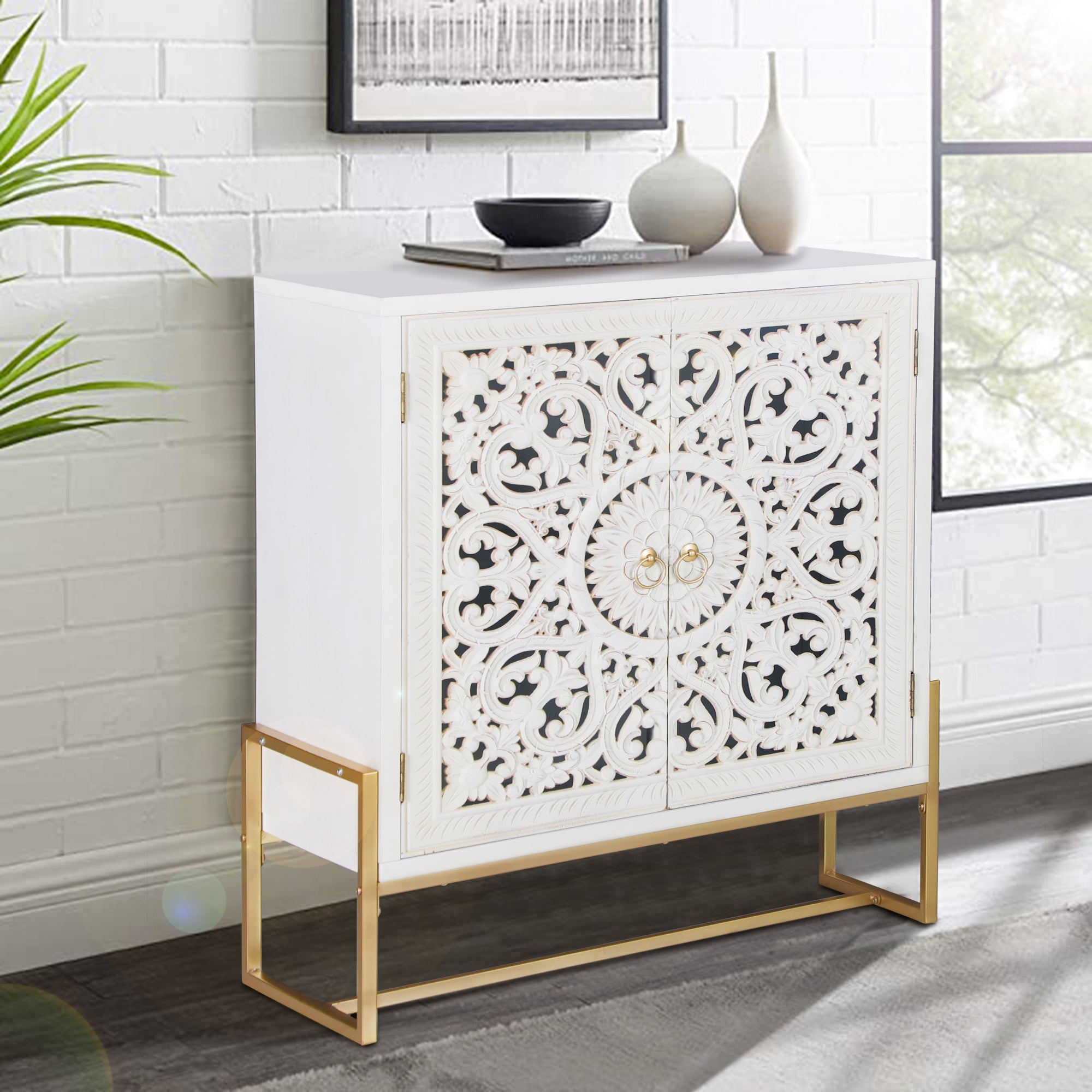 Alpha Joy 2-Door Hollow Carving Accent Cabinet with Metal Feet-White ...