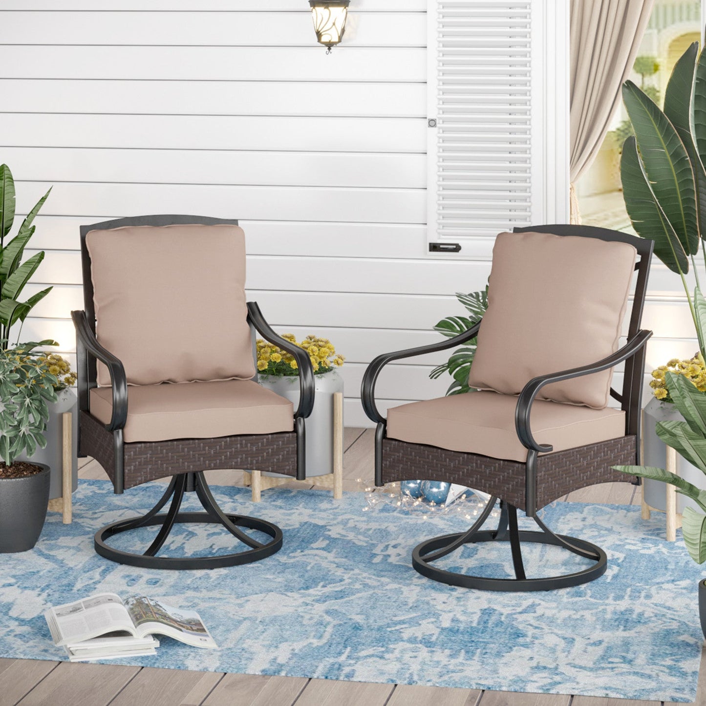 Sophia&William Patio Rattan Swivel Chairs Set of 2 with Beige Cushions