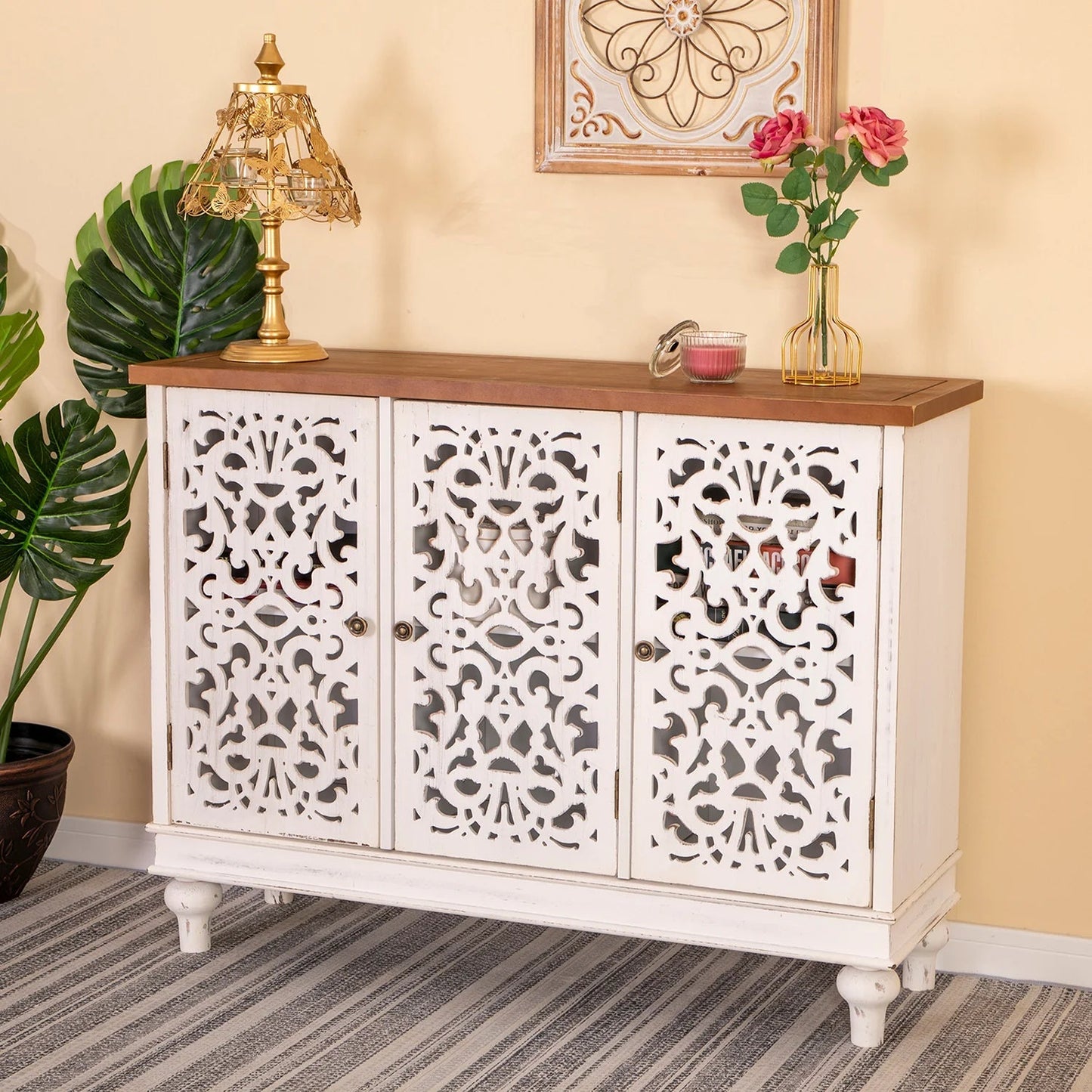 Sophia & William 3-Door Hollow-Carved Sideboard Accent Cabinet for Kitchen, Dining Room, Living Room, Entryway-White