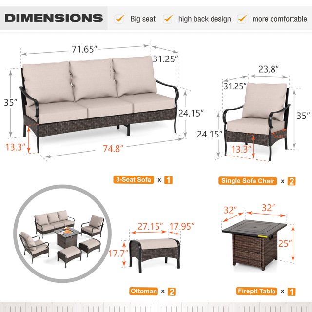 Sophia & William 6 Piece Metal Patio Conversation Sofa Set 7-Seat Outdoor Sectionals with Fire Pit Table