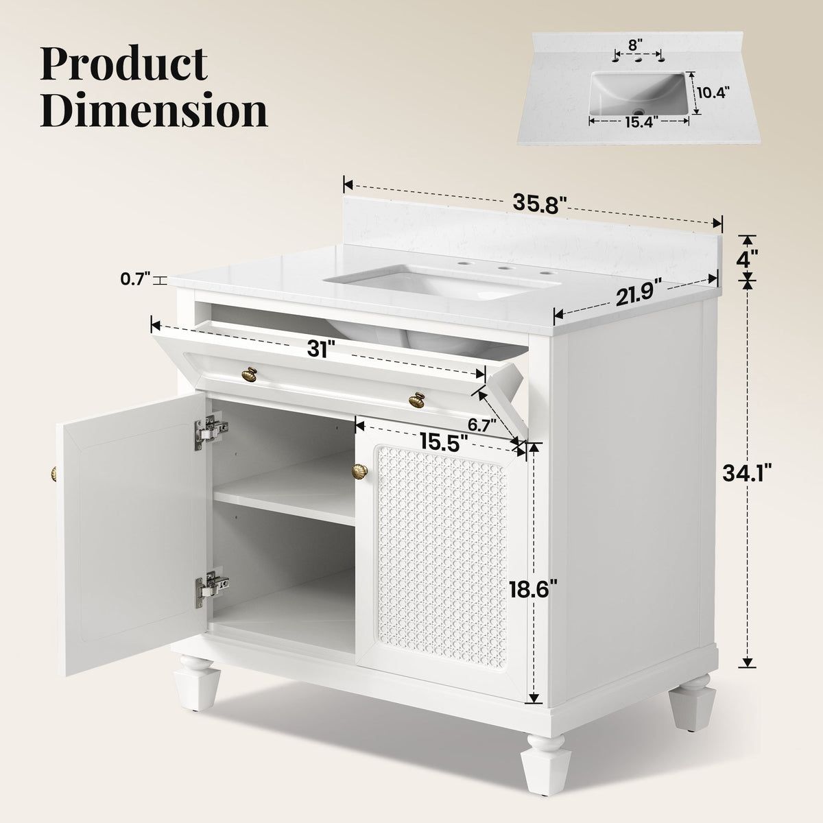 Sophia & William 36" Bathroom Vanity with 7.1" Deep Sink Freestanding Wood Bathroom Cabinet Vanity with 2 Doors, White