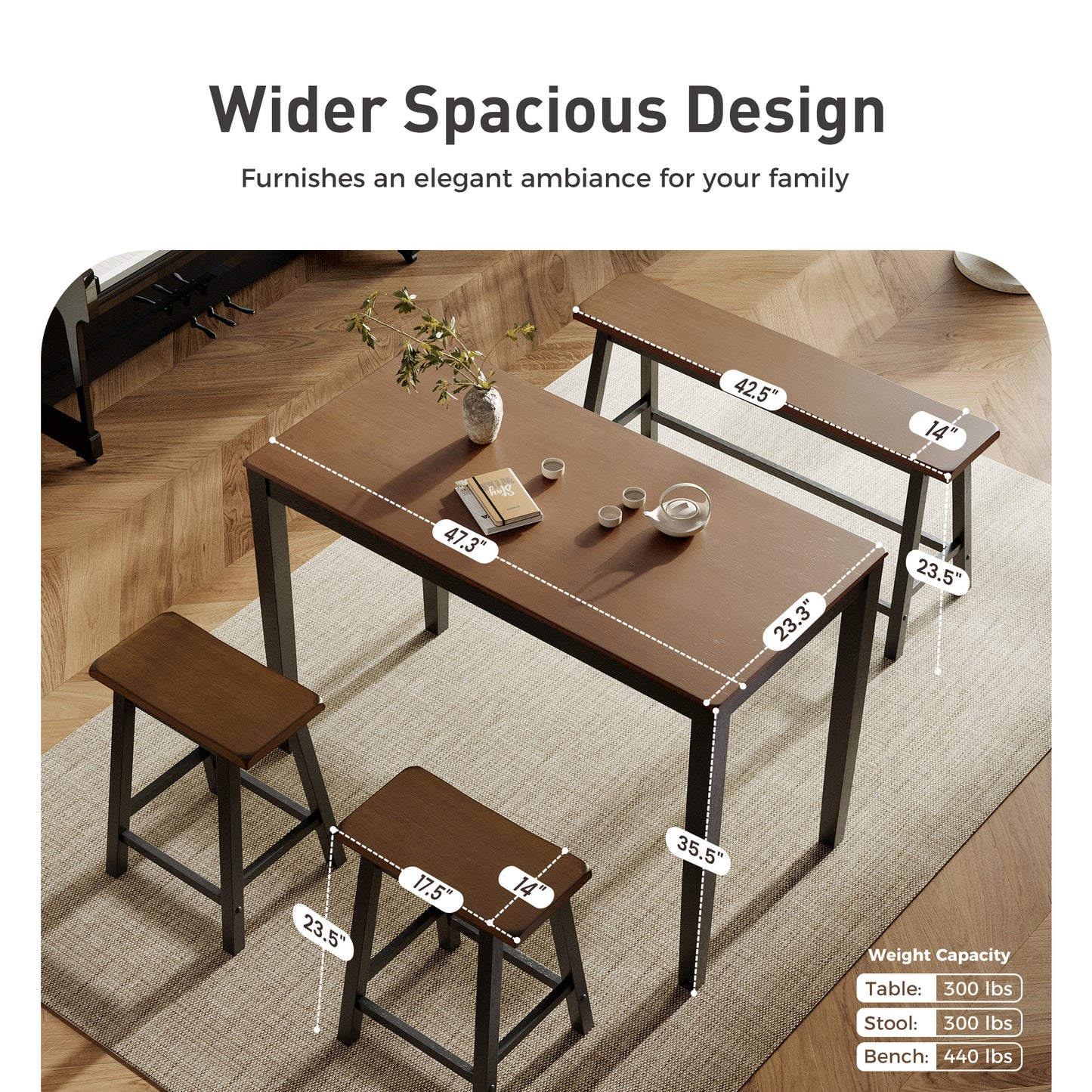 Alpha Joy 4 Pieces Dining Table Set for 4 Space-Saving Wood Kitchen Counter Height Bar Table, 2 Stools and Bench- Black Walnut