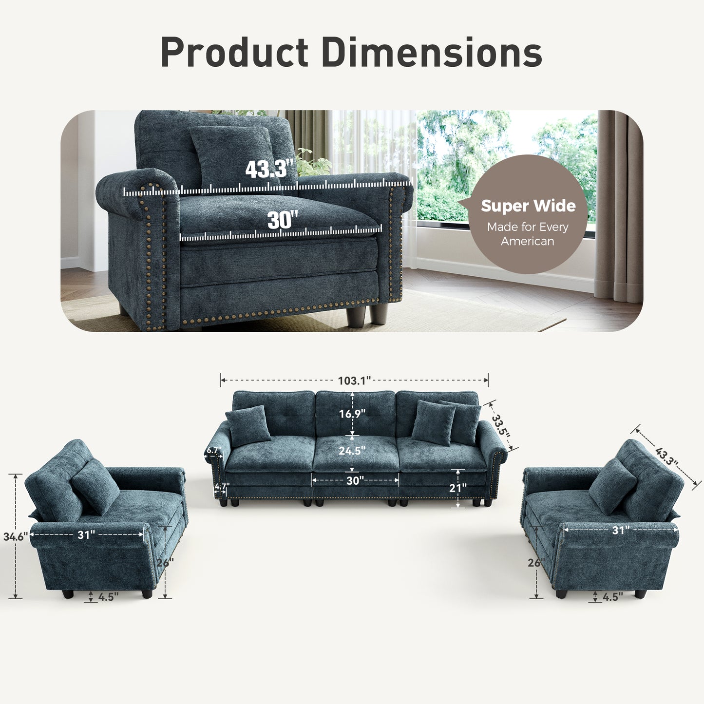 Sophia&William 5-Seat Modular Sectional Sofa Set, Mid-Century Chenille Cloud Couch Oversized Sofa with Nailhead Trim, 5 Pillows for Living Room, Cyan
