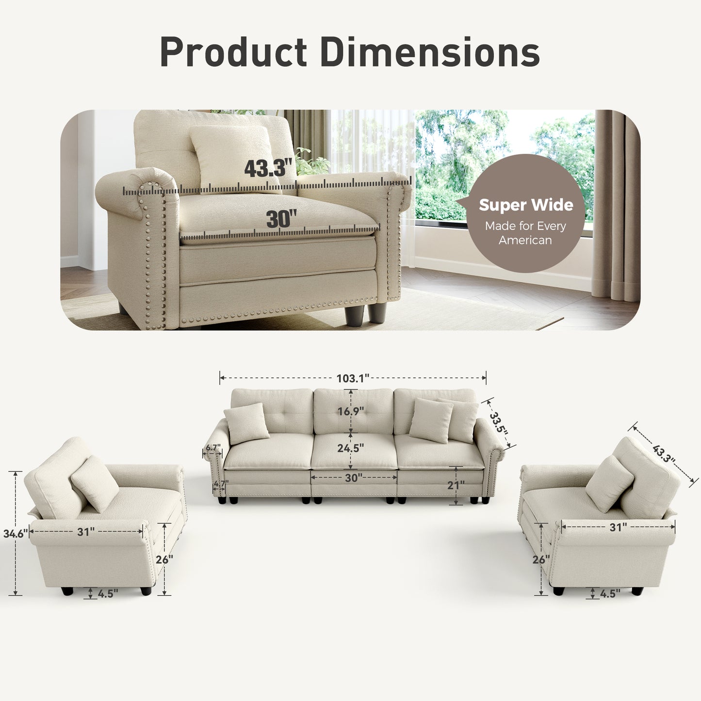 Sophia&William 5-Seat Sectional Sofa Set, Mid-Century Chenille Cloud Couch with Nailhead Trim, 5 Pillows for Living Room, White