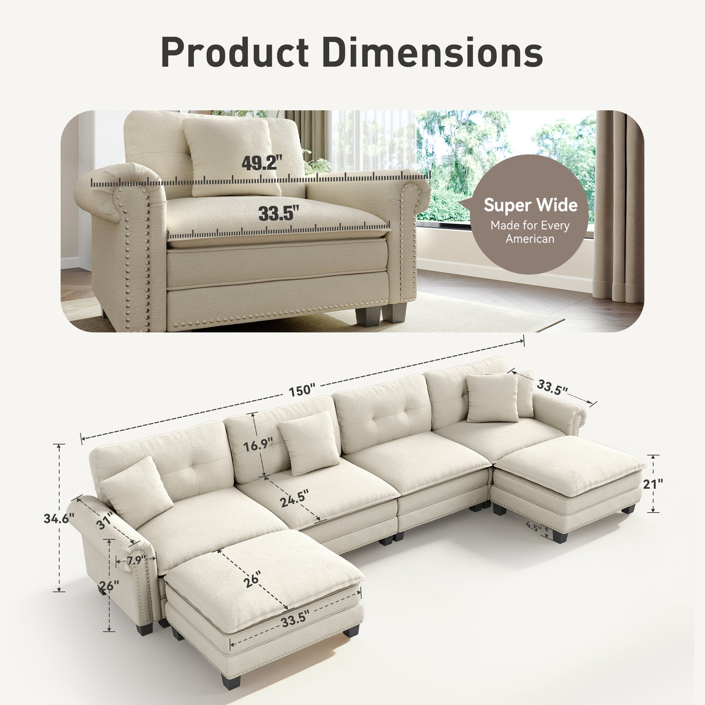 Sophia&William Sectional Sofa Set, U-shaped Chenille Cloud Couch 6-Seat Retro Nailhead Trim Modular Sofa with 4 Pillows for Living Room, White