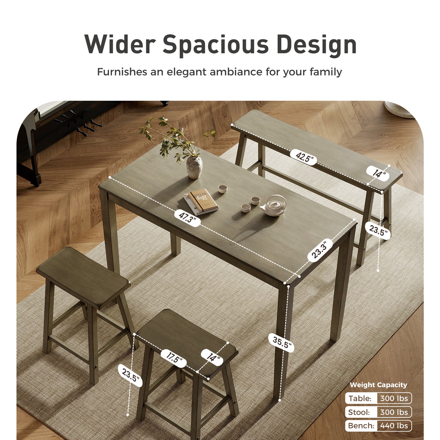Alpha Joy 4 Pieces Dining Table Set for 4 Space-Saving Wood Kitchen Counter Height Bar Table, 2 Stools and Bench- Smoky Brown