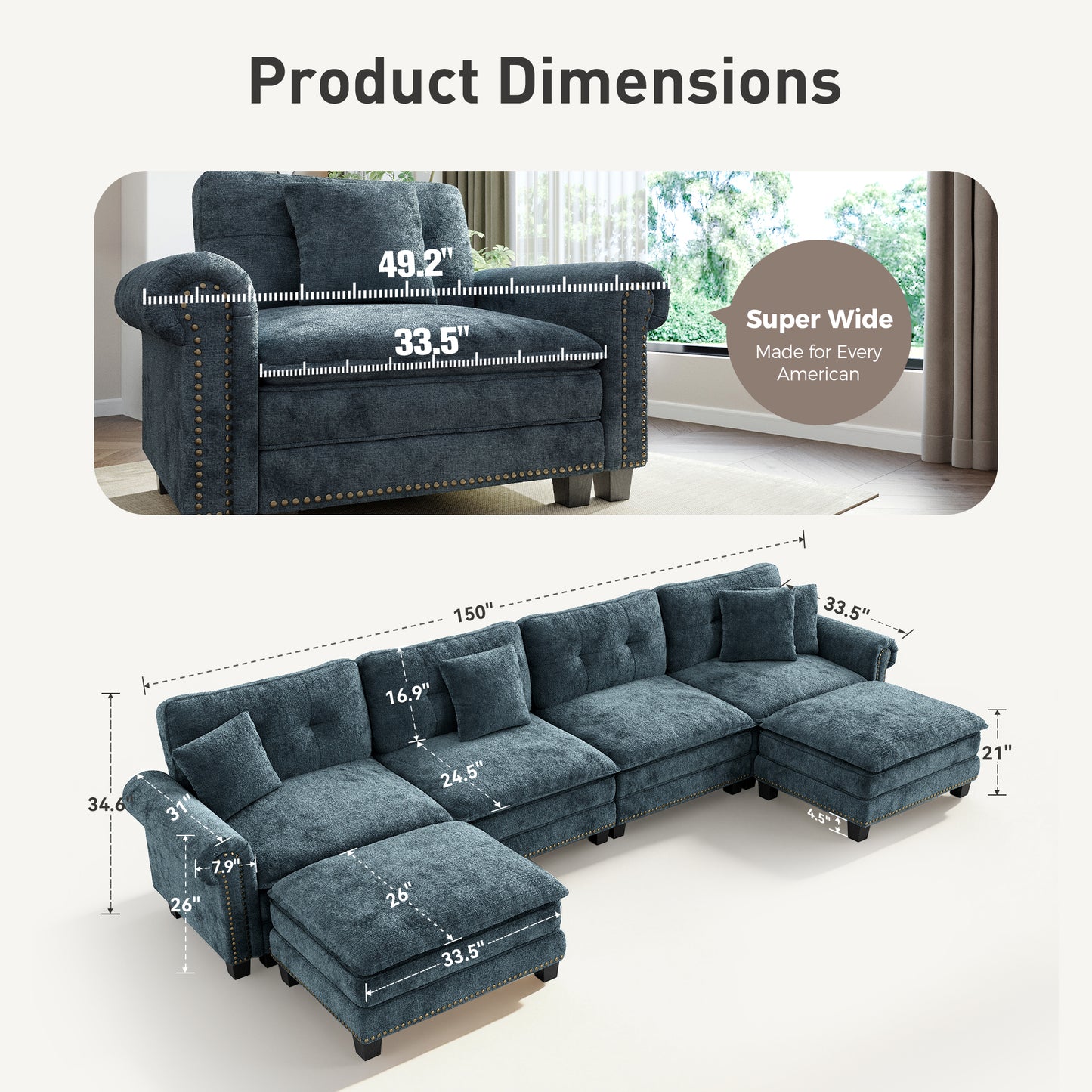 Sophia&William Sectional Sofa Set, Modern Chenille Cloud Couch 6-Seat Retro Nailhead Trim Modular Sofa with 4 Pillows for Living Room, Blue