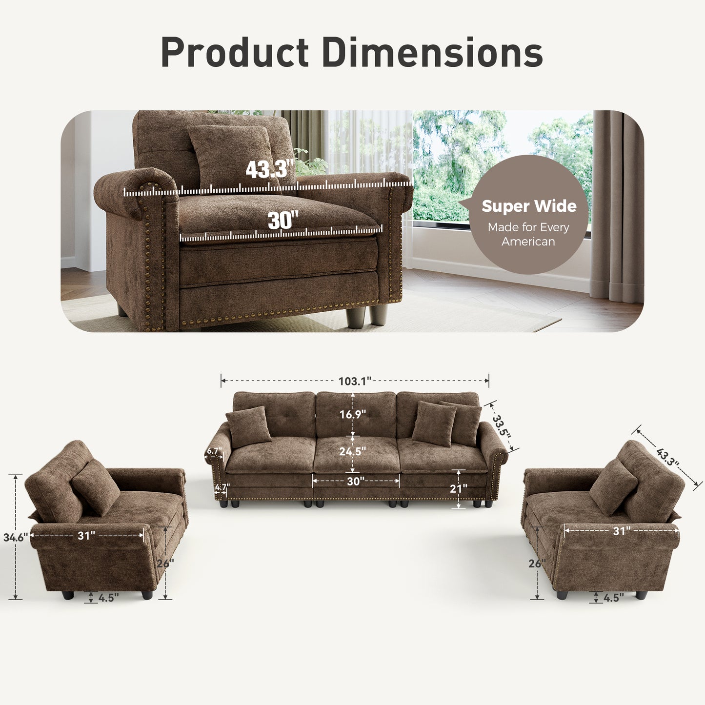 Sophia&William 5-Seat Modular Sectional Sofa Set, Mid-Century Chenille Cloud Couch Oversized Sofa with Nailhead Trim, 5 Pillows for Living Room, Taupe