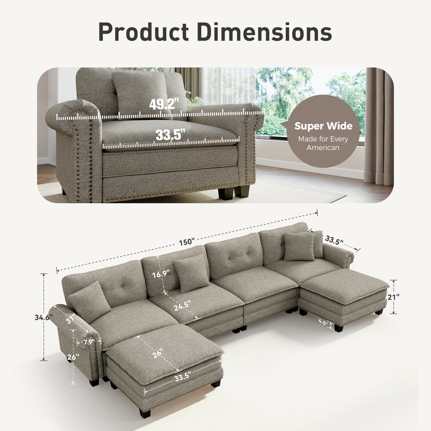 Sophia&William Sectional Sofa Couch Set, U-shaped Linen Cloud Couch 6-Seat Retro Nailhead Trim Modular Sofa with 4 Pillows for Living Room, Gray