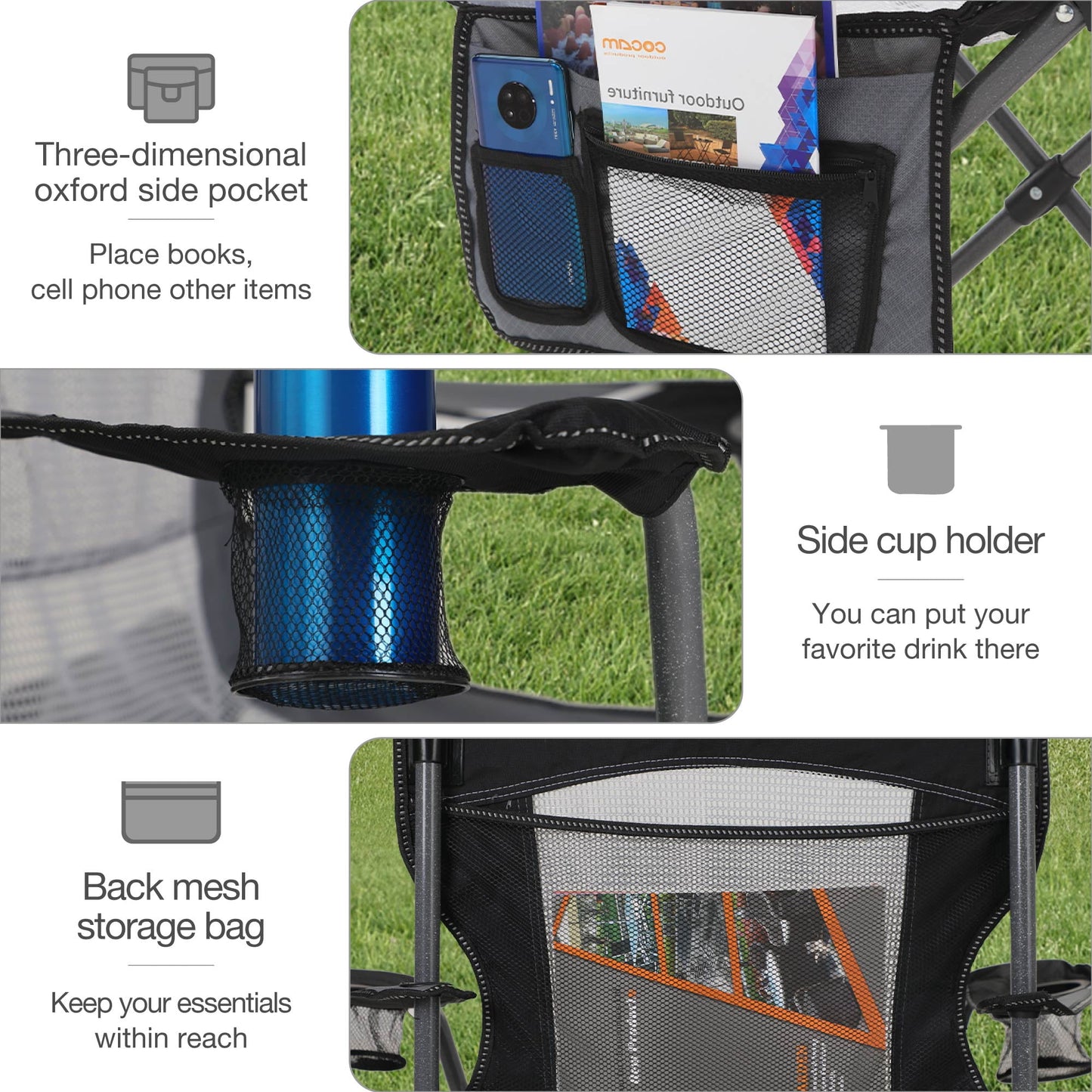 Sophia & William 2 Pack Oversized Camping Chair Portable Mesh Folding Chair with Cup Holder Supports Up to 450Lbs for Outdoor, Fishing, Beach, Backyard, Black