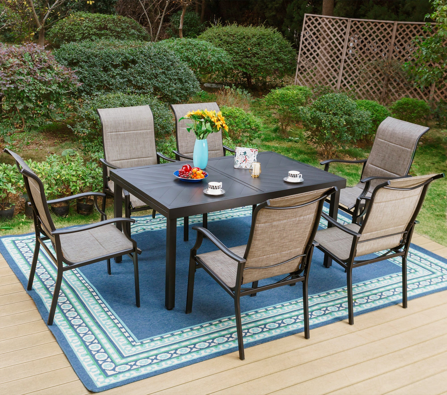 Sophia & William 7 Pieces Metal Outdoor Patio Dining Set with Gray Padded Textilene Chairs and Black Extendable Table