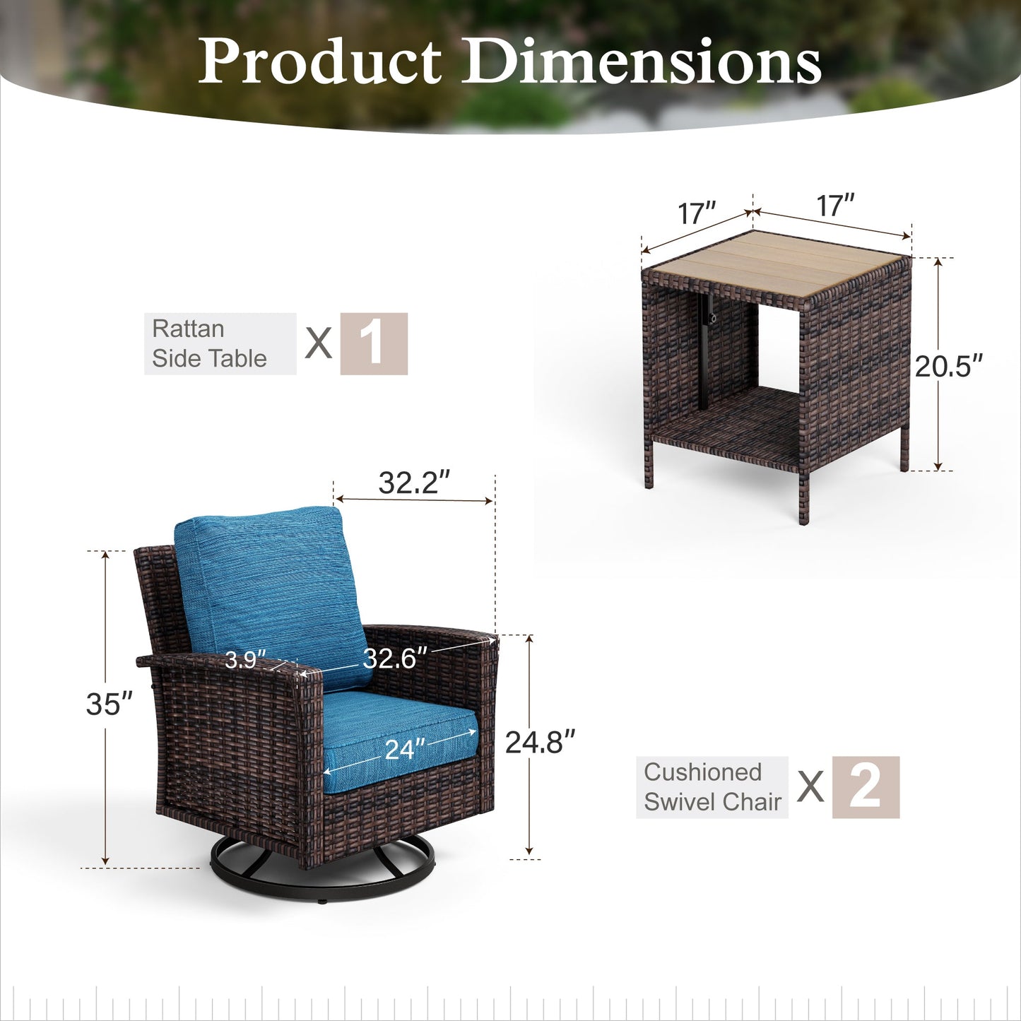 Sophia & William 3 Pieces Patio Chairs Set with Side Table Wicker Outdoor Bistro Set, Pacific Blue