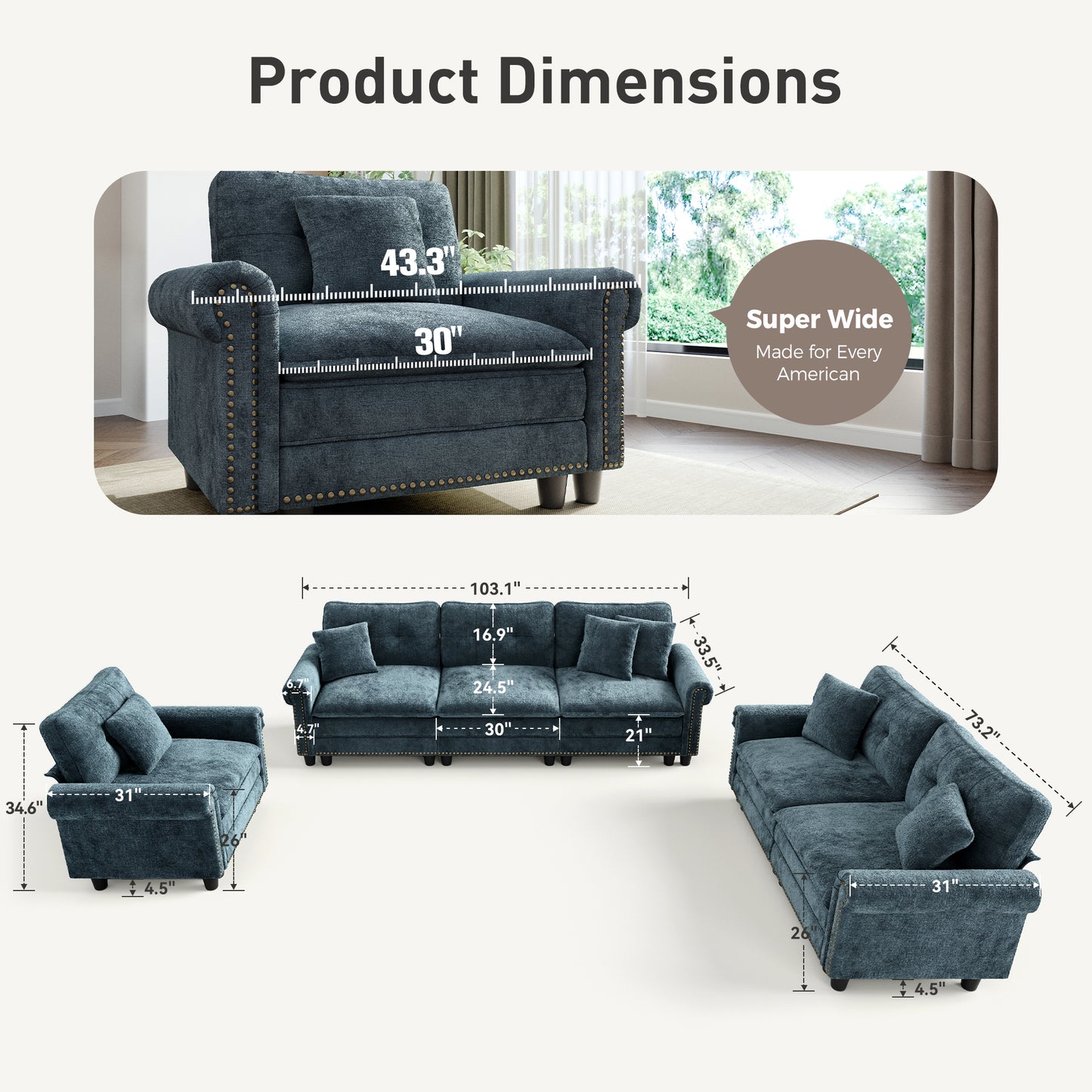 Sophia&William Modular Sectional Sofa Set, Mid-Century Chenille Cloud Couch 6-Seat Retro Nailhead Trim with 6 Throw Pillows for Living Room, Cyan
