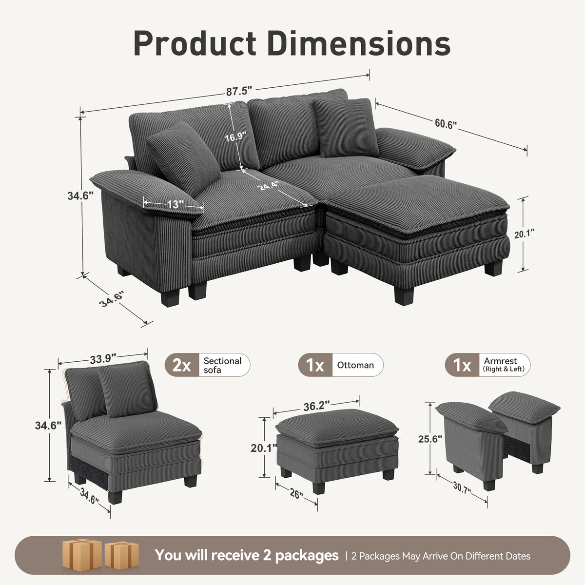 Sophia&William L-shaped Modular Sectional Sofa, 3-Seater Corduroy Cloud Couch Sofa Set with Deep Seat & 2 Pillows & Ottoman for Living Room, Apartment, Gray