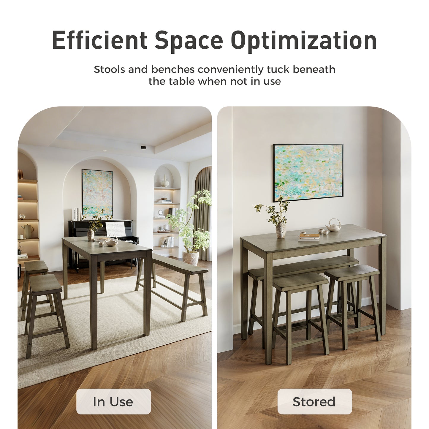 Alpha Joy 4 Pieces Dining Table Set for 4 Space-Saving Wood Kitchen Counter Height Bar Table, 2 Stools and Bench- Smoky Brown