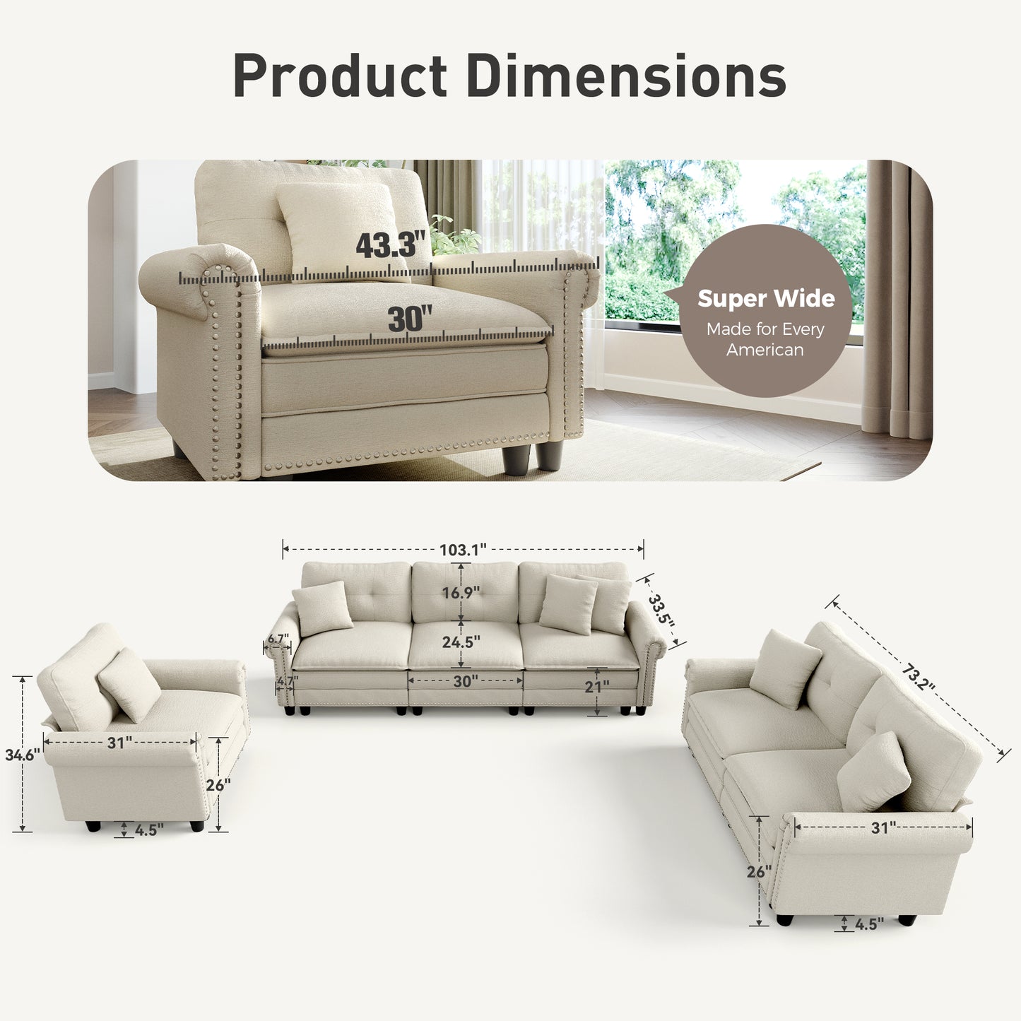 Sophia&William Sectional Sofa Set, Mid-Century Chenille Cloud Couch 6-Seat Retro Nailhead Trim Modular Sofa with 6 Pillows for Living Room, White
