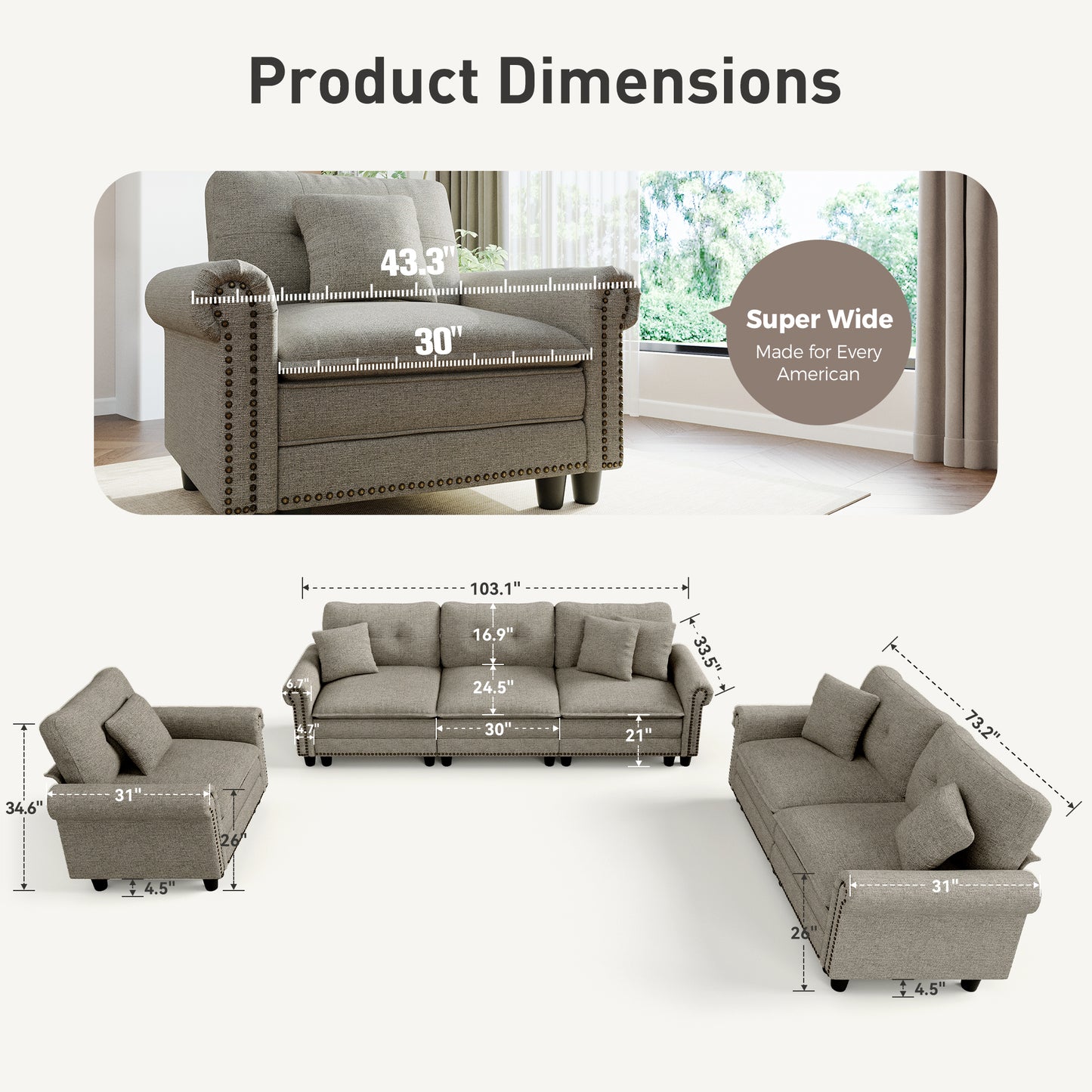 Sophia&William Large Sectional Sofa Set, Mid-Century Linen Cloud Couch 6-Seat Retro Nailhead Trim Modular Sofa with 6 Pillows for Living Room, Light Gray