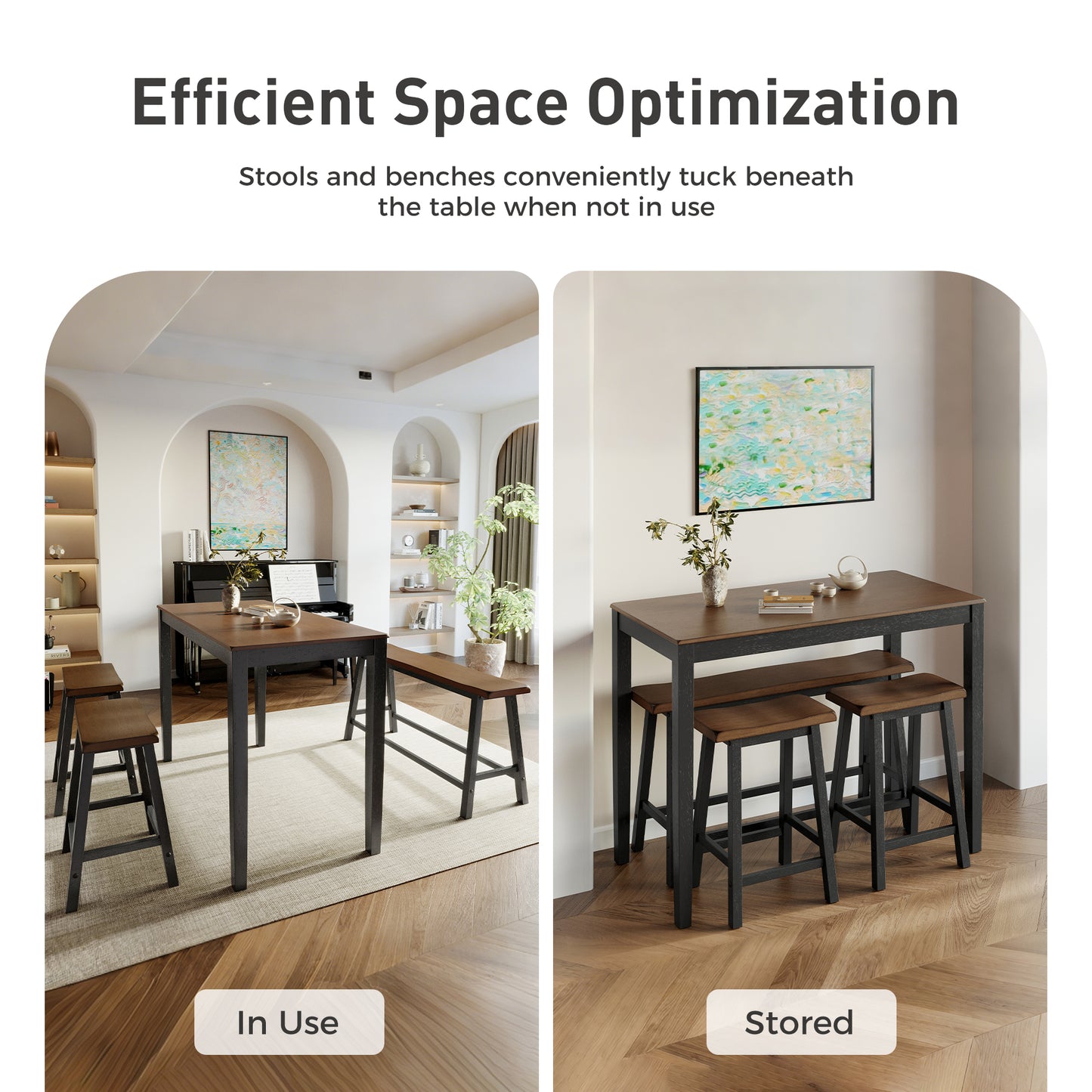 Alpha Joy 4 Pieces Dining Table Set for 4 Space-Saving Wood Kitchen Counter Height Bar Table, 2 Stools and Bench- Black Walnut