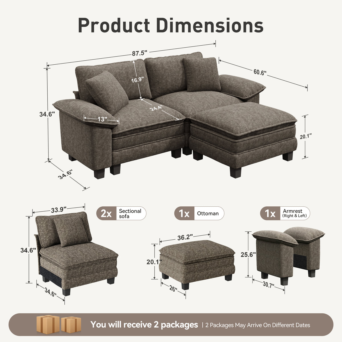 Sophia&William L-shaped Modular Sectional Sofa, 3-Seater Chenille Cloud Couch Sofa Set with Deep Seat & 2 Pillows & Ottoman for Living Room, Apartment, Ash Gray