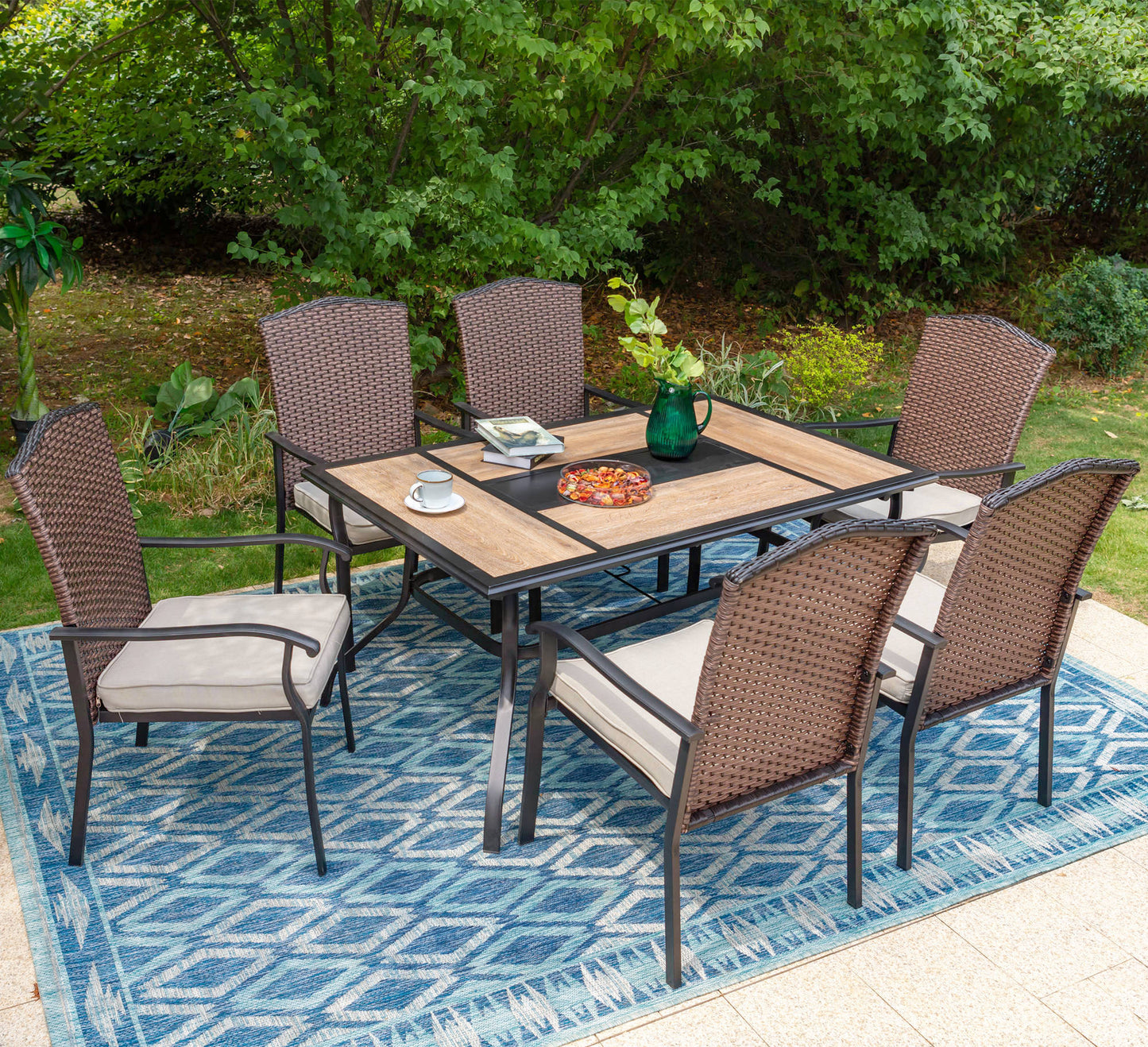 Sophia & William 7 Pieces Patio Dining Set Wicker Chairs & Umbrella Table