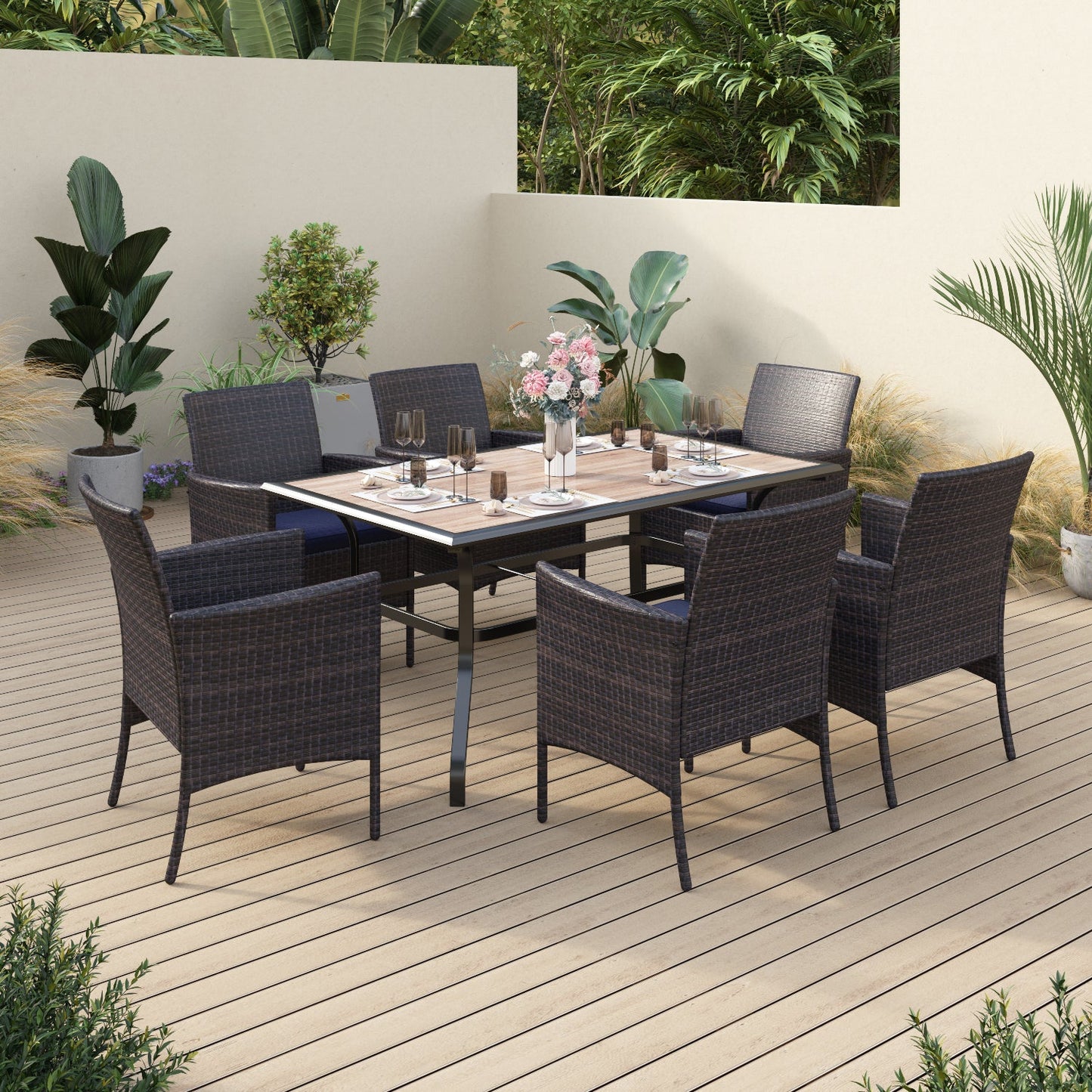Sophia & William 7 Pieces Outdoor Patio Dining Set, 6 Wicker Dining Chairs and 1 Dining Table with PVC Table Top