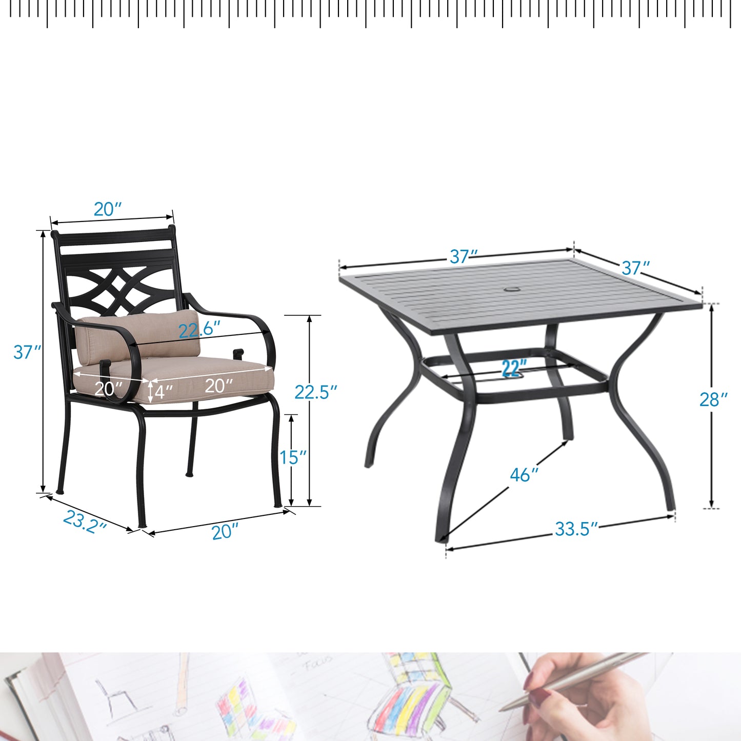 Sophia&William 5-Piece Outdoor Patio Dining Set Metal Cushioned Chairs and 37 Square Table Furnitre Set with 4 Cushion, Beige