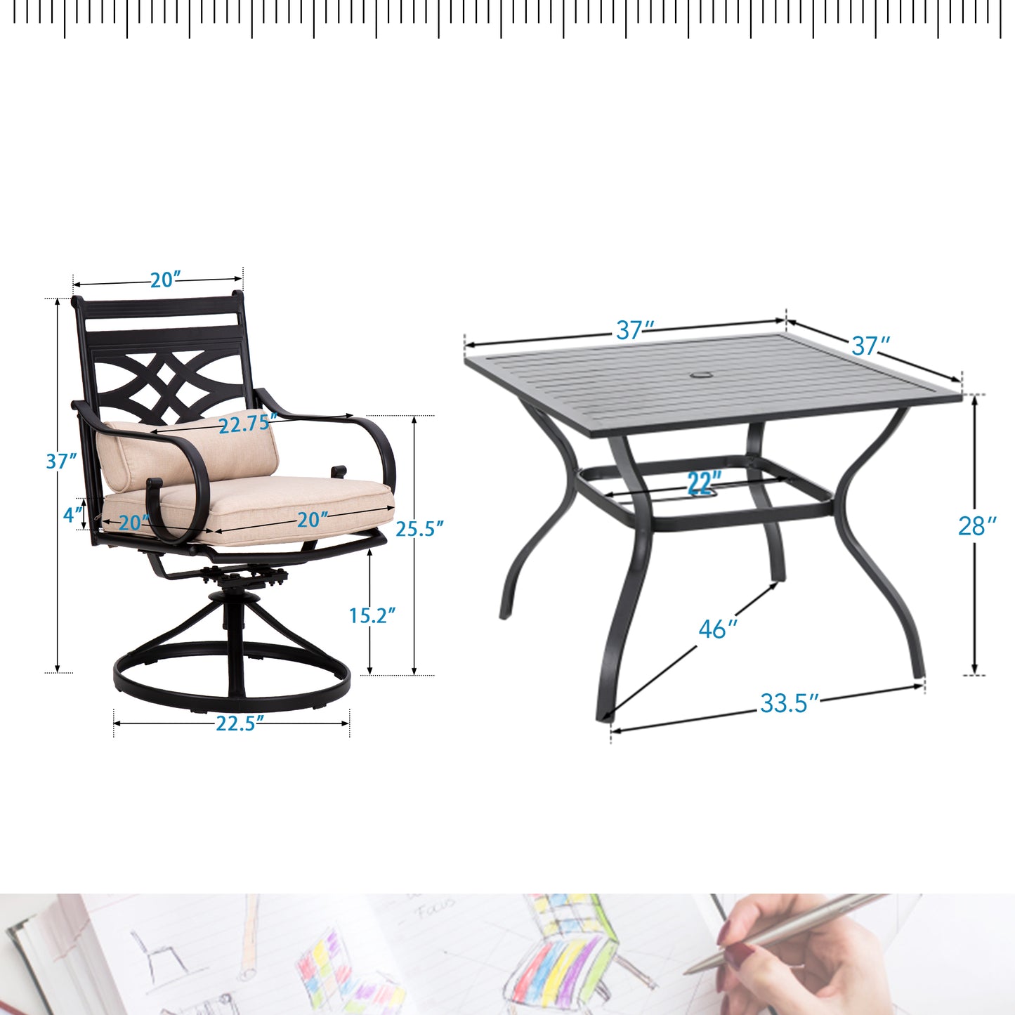 Sophia & William 5-Piece Outdoor Patio Dining Set Cushioned Swivel Chairs and Steel Square Table Set with Cushion, Beige