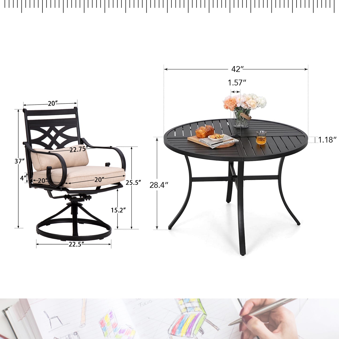 Sophia & William 5-Piece Outdoor Patio Dining Set Cushioned Swivel Chairs and Steel 42 Round Table with Cushion, Beige