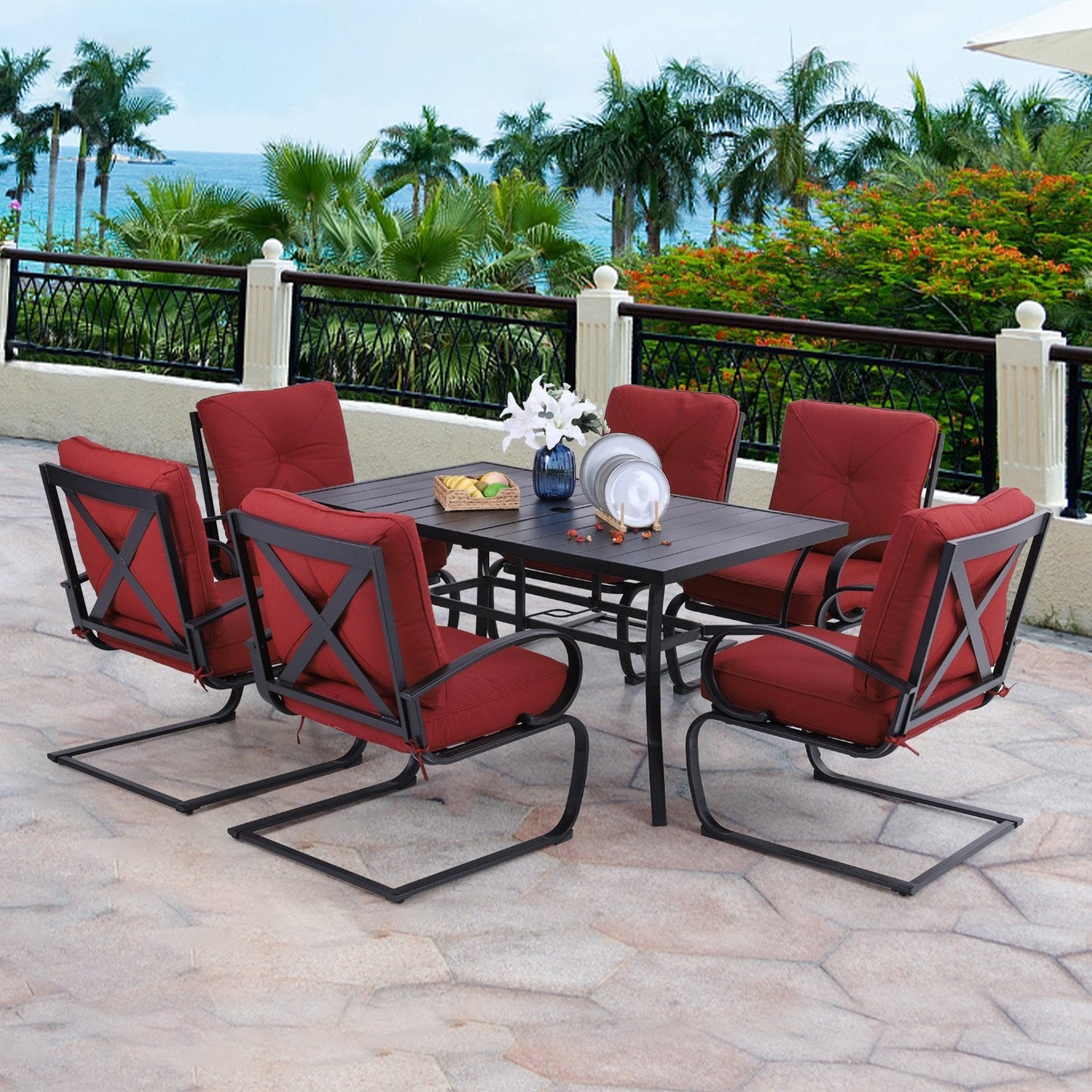 Sophia&William 7-Piece Outdoor Patio Dining Set Steel Frame Conversation Set, Red