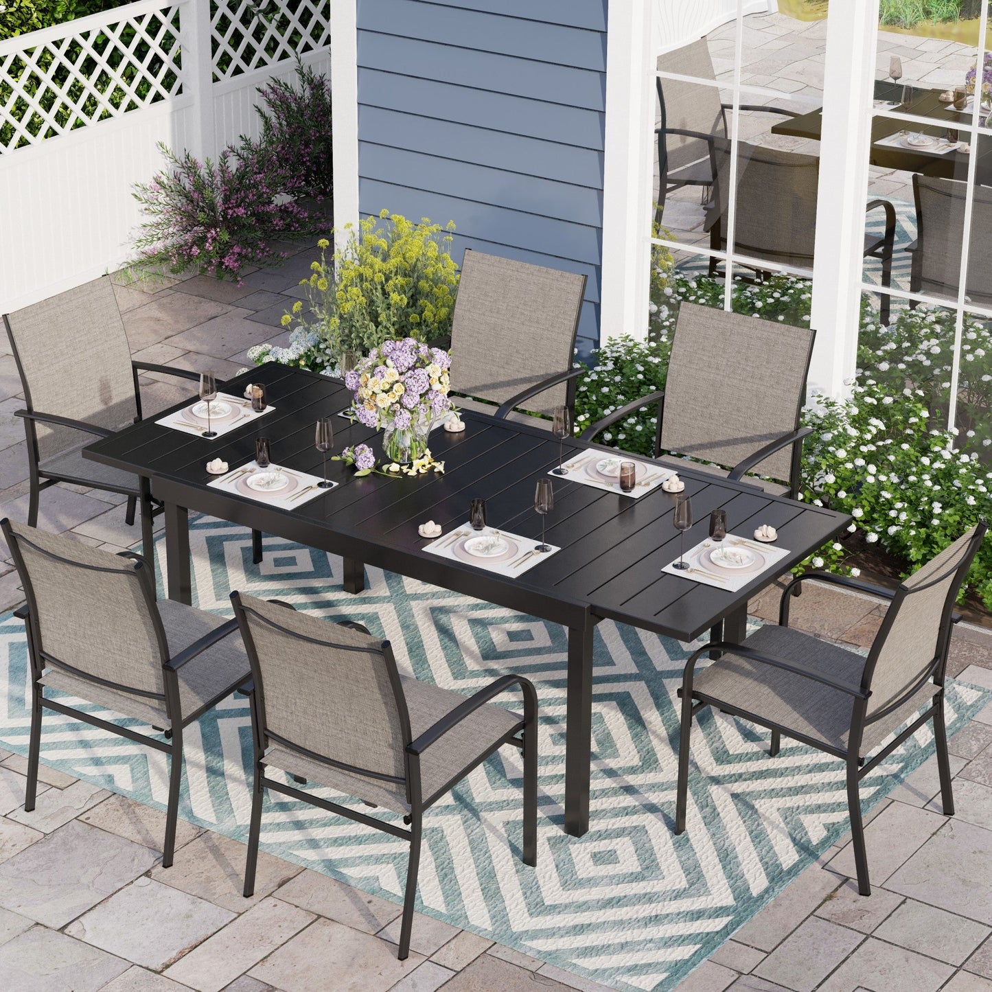 Sophia & William 7 Piece Patio Metal Dining Set Expandable Patio Dining Table and 6 Brown Textilene Chairs