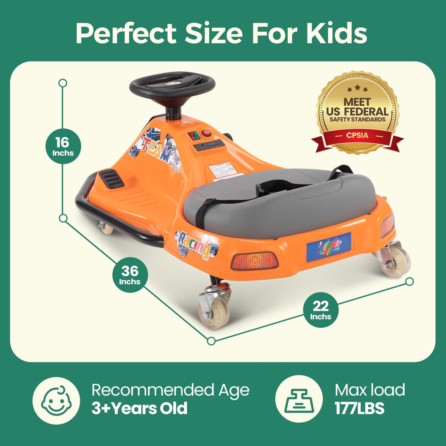 Alpha Joy Kids Crazy Drift Car 24V 180W Electric Drifting Go-Kart w/Rechargeable Battery, Colorful Light, Bluetooth Music & Safety Harness, Orange