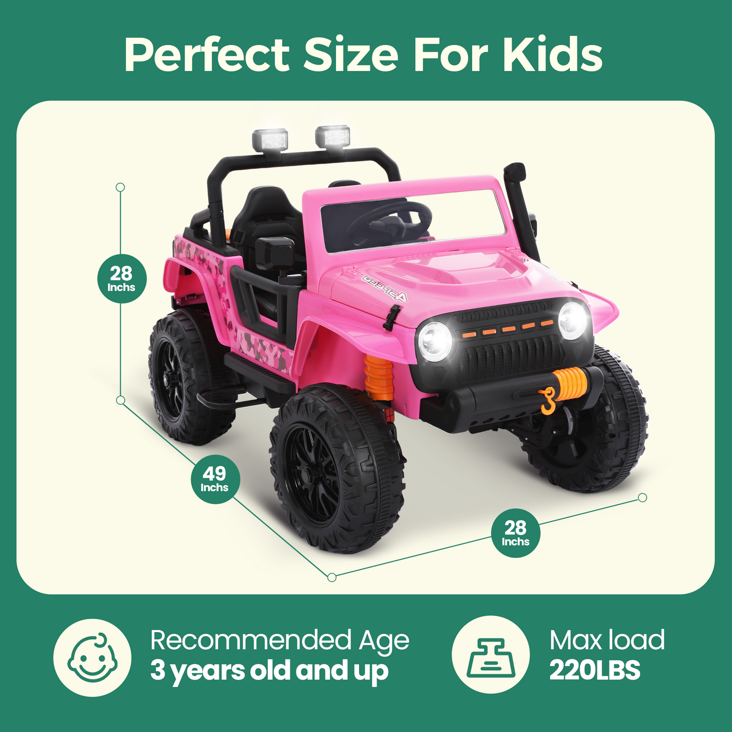 Alpha Joy 2-Seater Kids Ride on Truck 24V Electric Jeep Car with Remote Control Battery Powered Toy Car w/2 Speeds, LED Lights, Detachable Spotlights, Bluetooth Music, Pink
