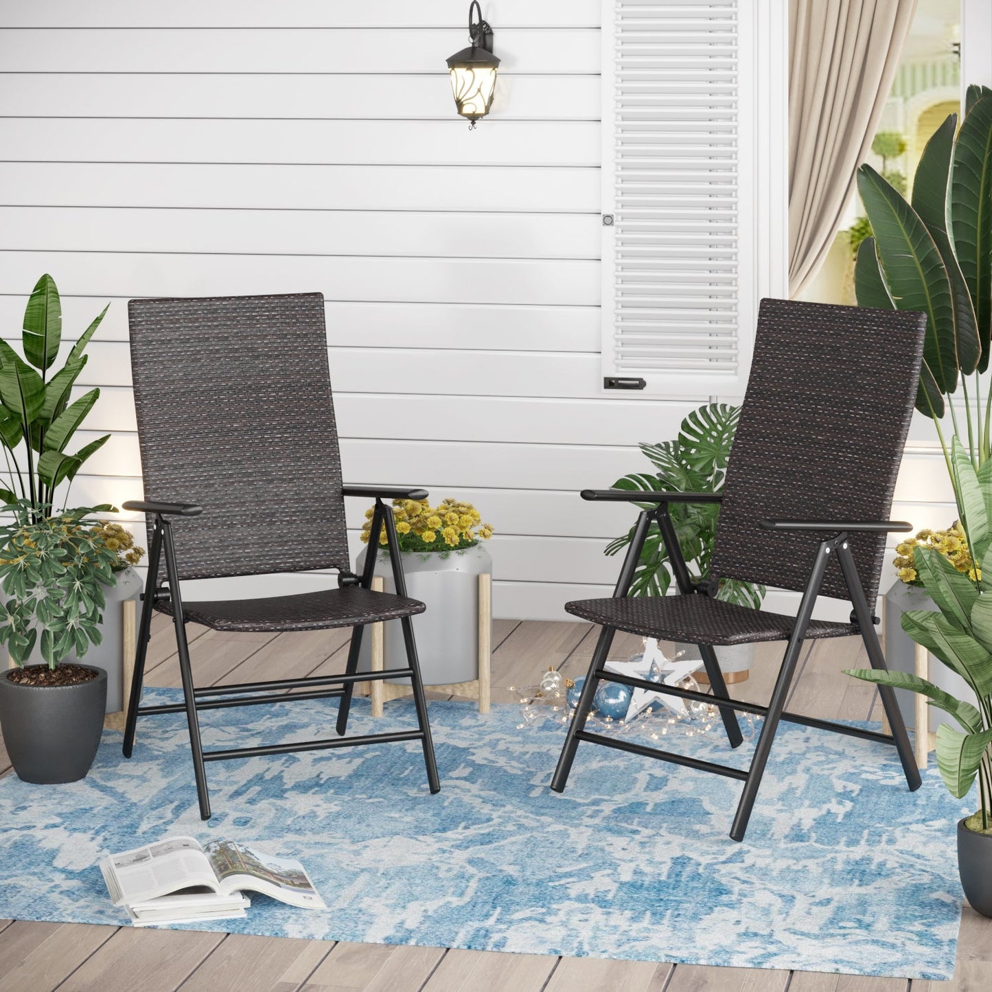 Alpha Joy 2 Pieces PE Rattan Patio Dining Chairs Set 7 Levels Adjustable Foldable Portable Outdoor High Back Chairs