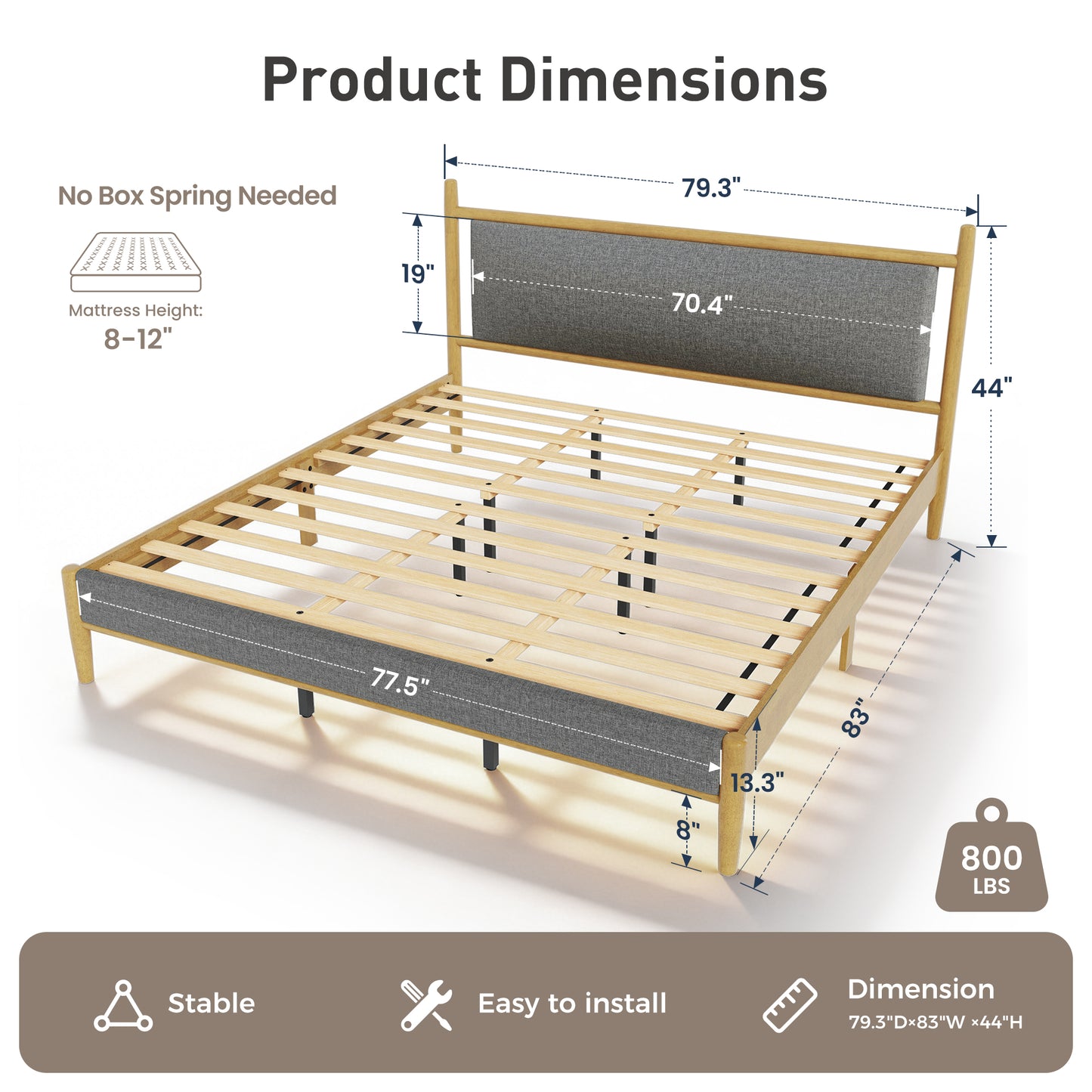 Sophia & William King Size Wood Bed Frame Upholstered Platform Bed Frame with Headboard & Footboard Mid-Century Bedroom Furniture,No Box Spring Needed,Gray