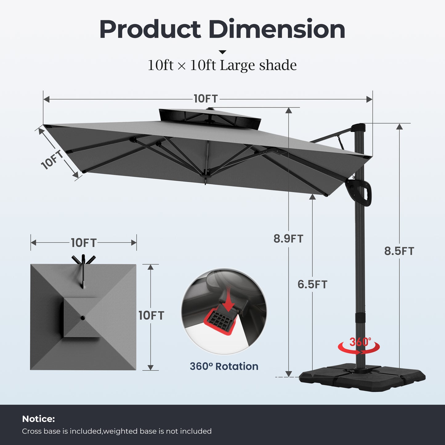 Alpha Joy 10x10ft Outdoor Patio Large Square Cantilever Double Umbrella with 360¡ãRotation, Charcoal Gray