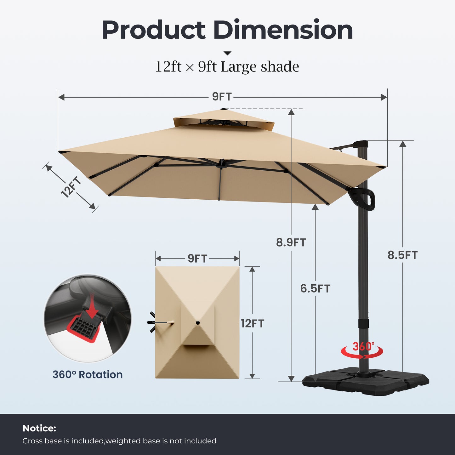 Alpha Joy 12x9ft Outdoor Patio Umbrella Large Rectangle Offset Cantilever Double Umbrella with 360¡ãRotation, Beige