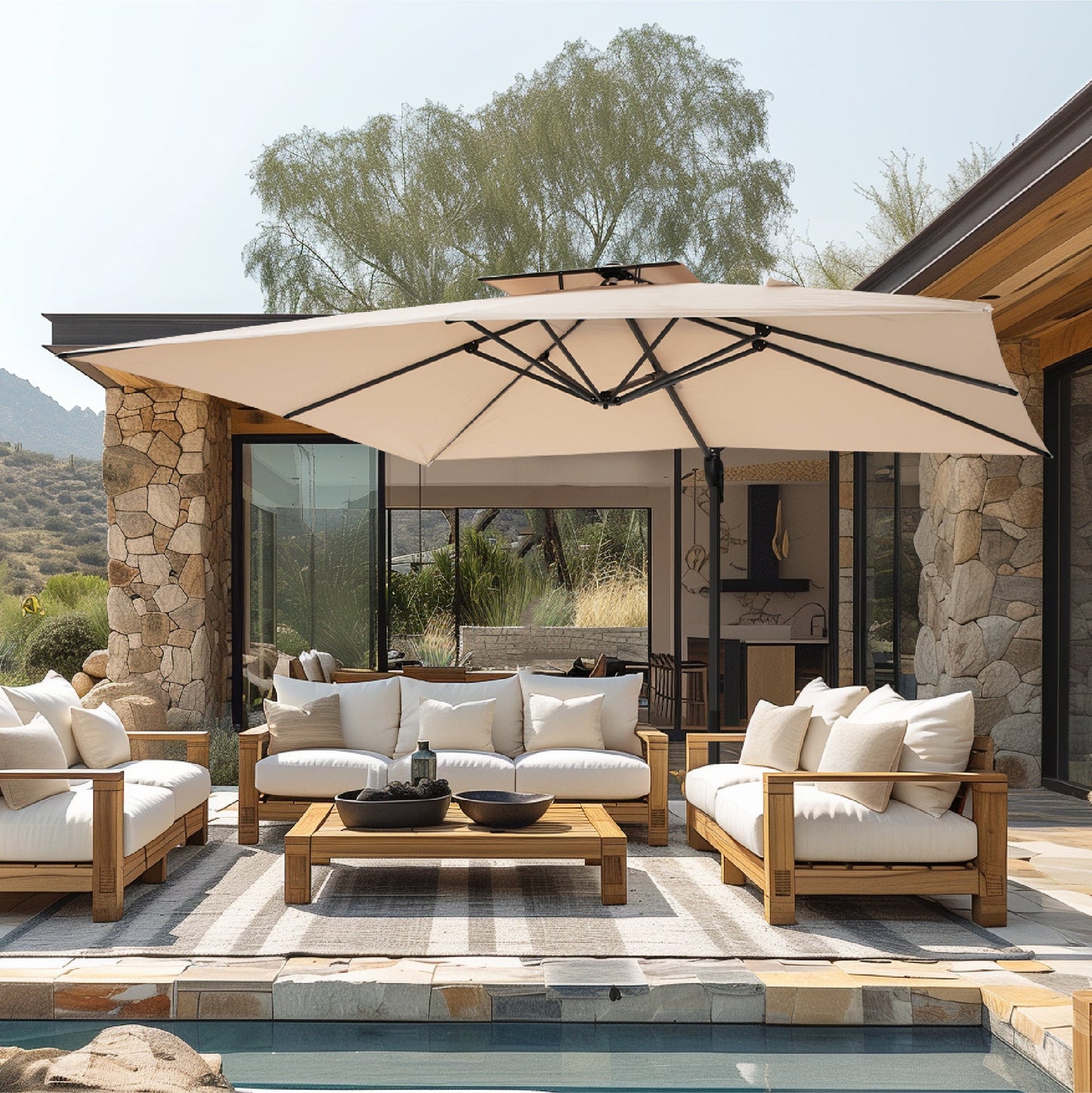 Alpha Joy 13x10ft Beige Offset Cantilever Patio Umbrella with 360° Rotation for Outdoor Use